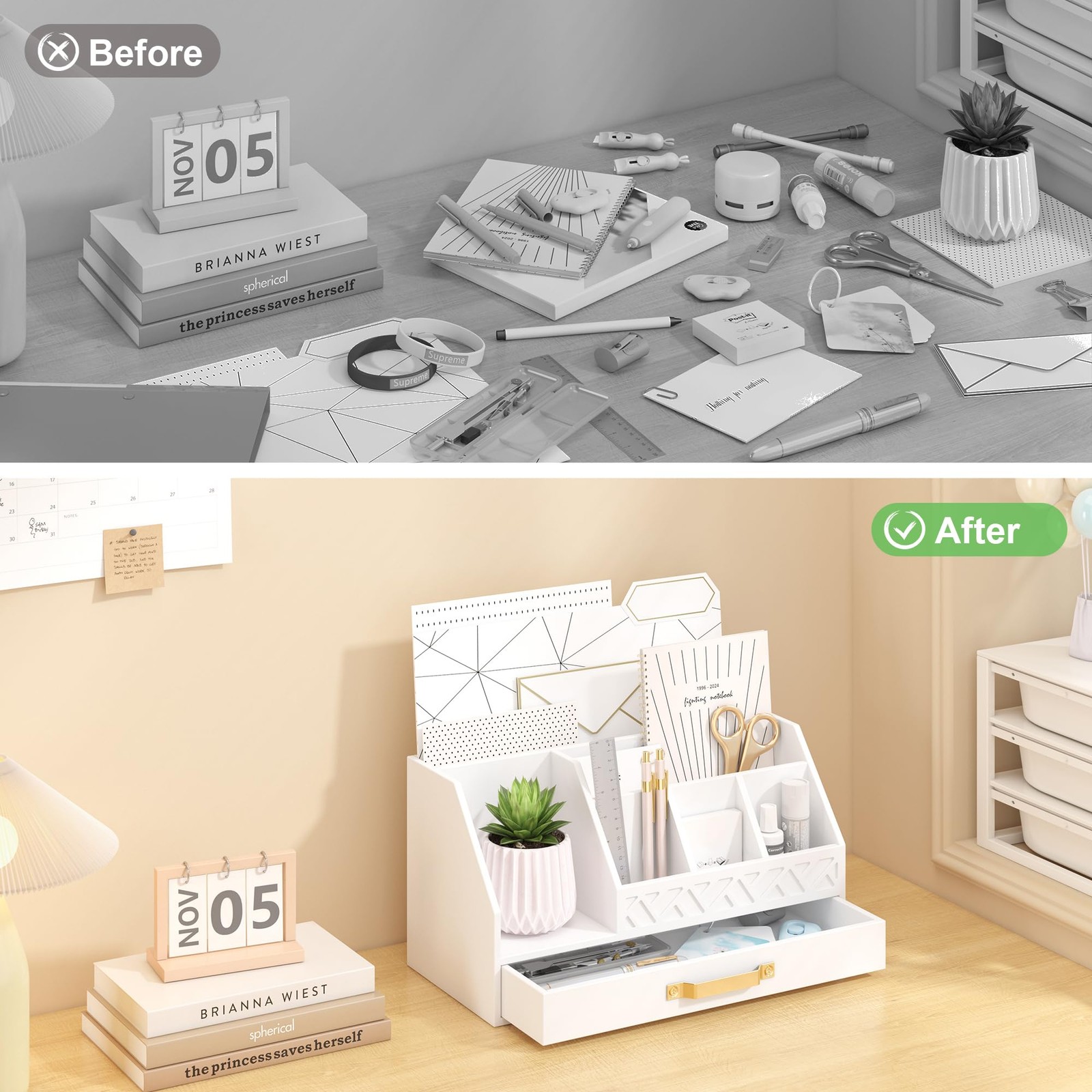 Wisuce Bamboo Mail Organizer Countertop with Drawers, Wooden Desk White