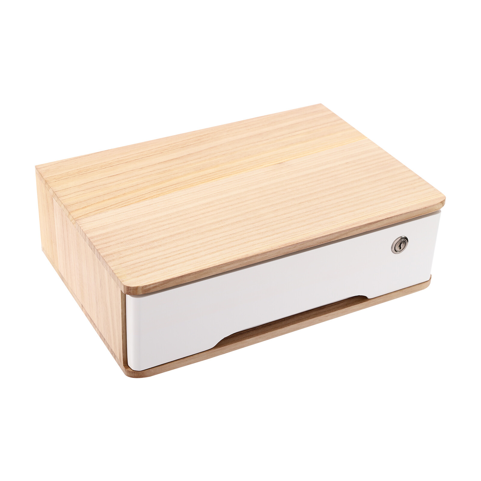 Desktop Storage Box w/ Lockable Drawer Wooden Office Supplies Drawer Organizer