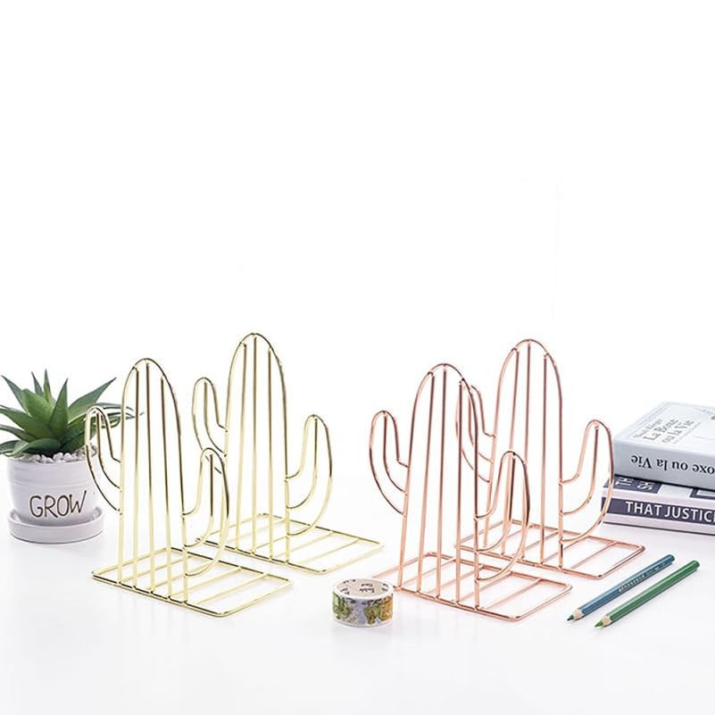 DIYEAH Metal Cactus Bookends 2 Pack 7.08X5.31X3.54 Inch 18*13.5*9cm, Golden