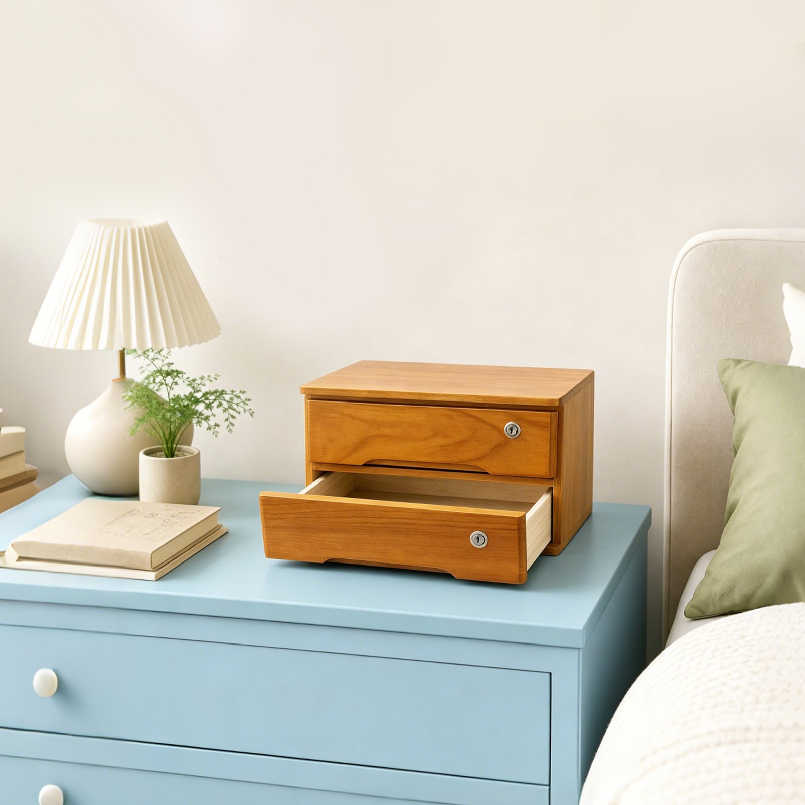 Retro Wooden Desktop Storage Box 2-Tier Desk Organizer w/ Lockable Drawers