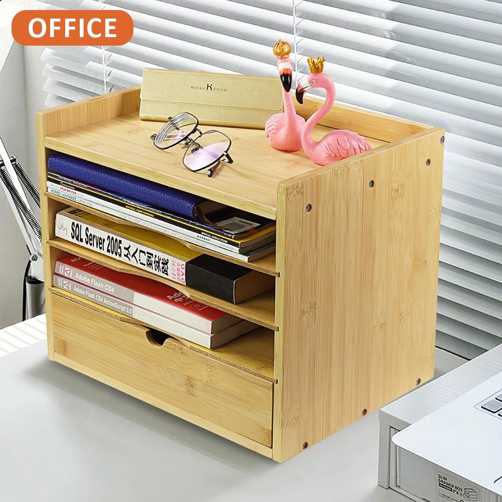 5-Tier Bamboo Desk Organizer with Drawer Tabletop File Organizer Document Hol…