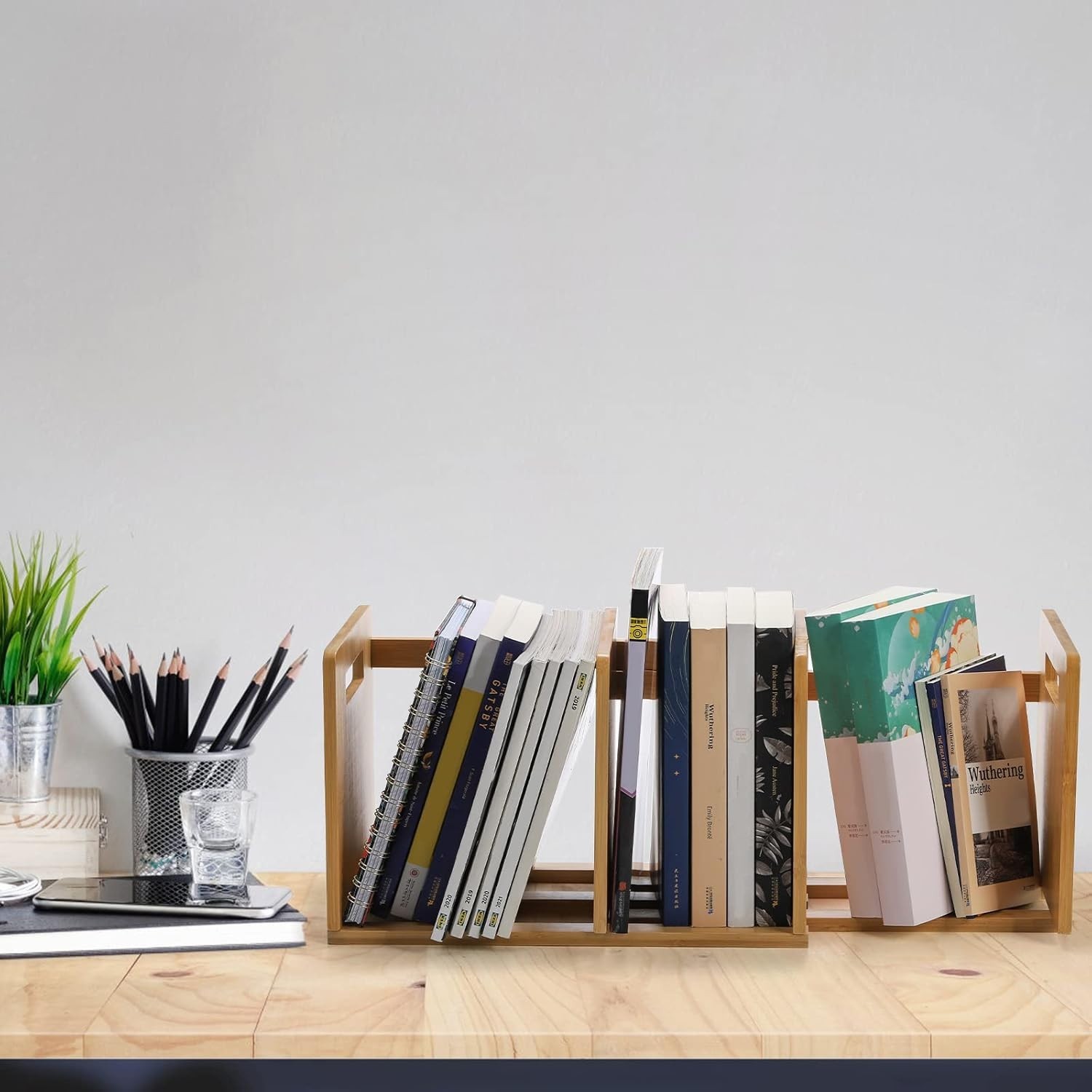 Bamboo Desktop Bookshelf Expandable Desktop Organizer Rack for Office Supplies