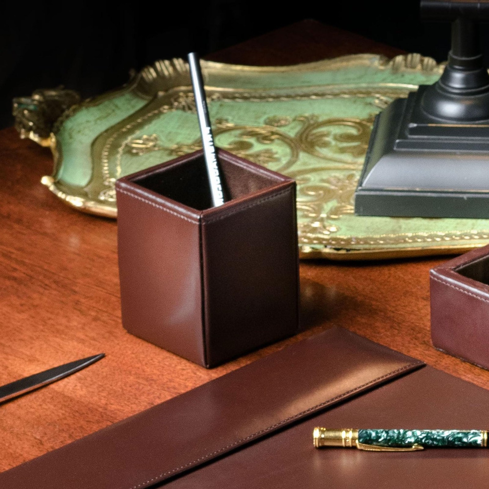 Dark Brown Bonded Leather Pencil Cup Holder Executive Decor Desk Accessory