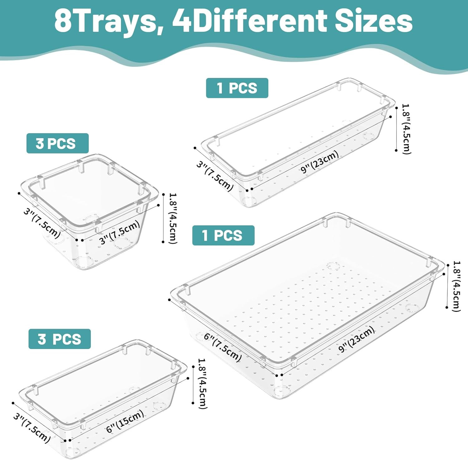 8 PCS Clear Plastic Drawer Organizer Set, 4 Sizes Desk Drawer Organization and S