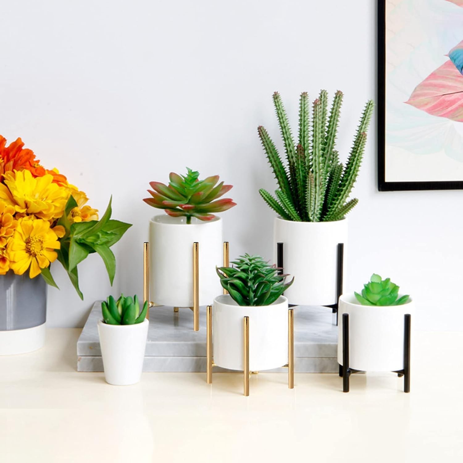 Gold pencil cup Sturdy metal frame with white ceramic pen holder For desks an…