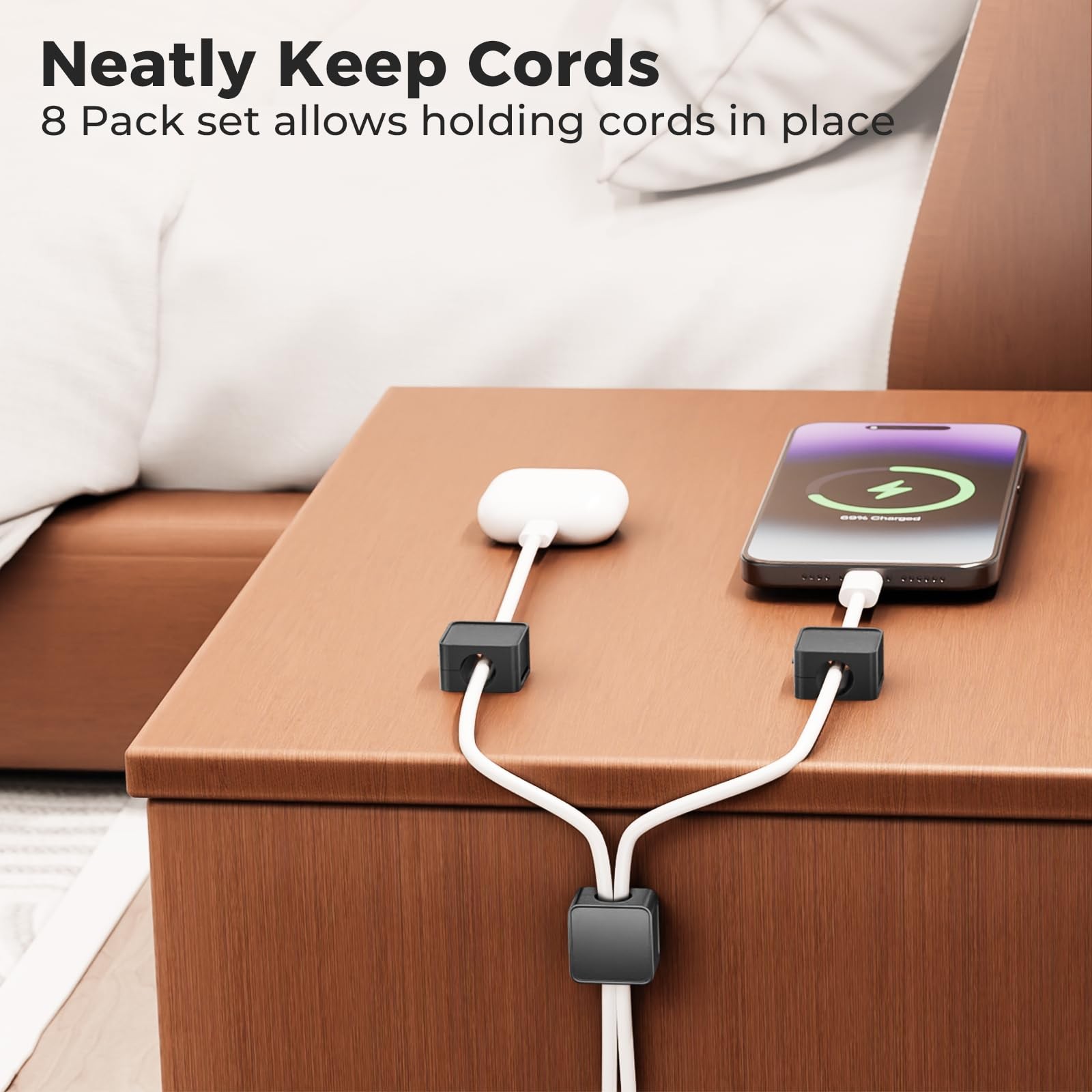 8 Pack Magnetic Cord Organizer Holder, Adjustable Cable 0.86 inches, Black