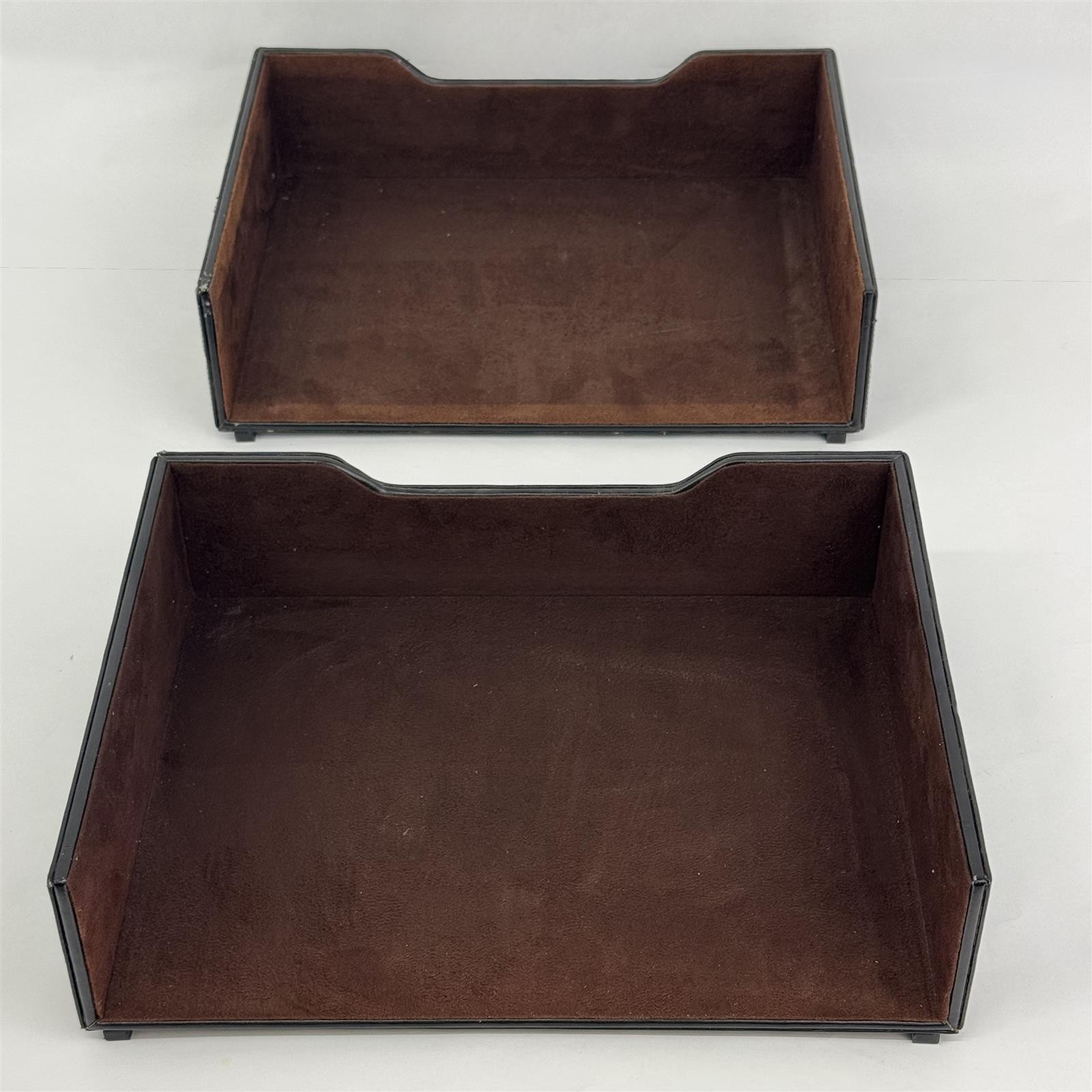 Lot of 2 Staples Mission Letter Trays Faux Black Leather With White Stitching