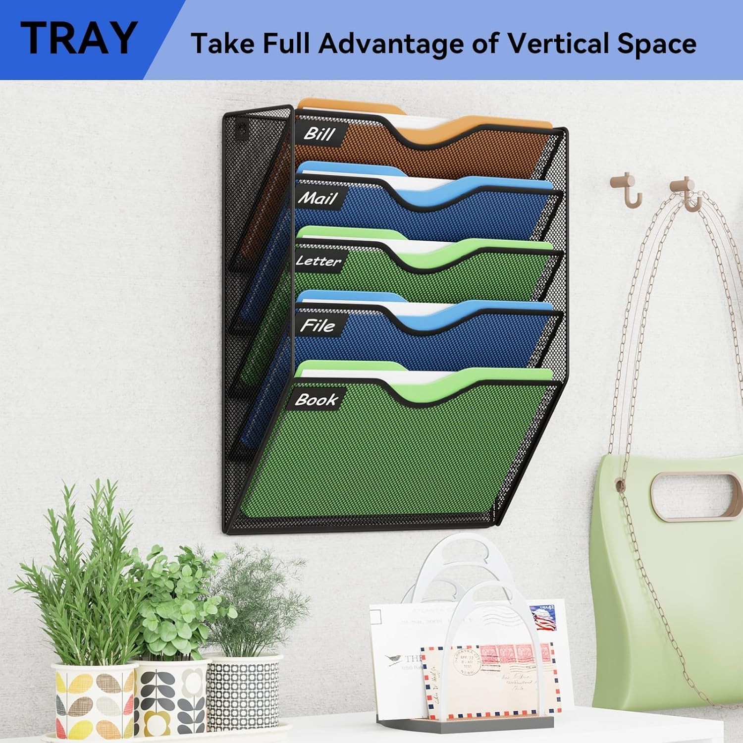 5 Pockets Mesh Hanging Wall File Holder Organizer Wall Mounted Paper Magazine…