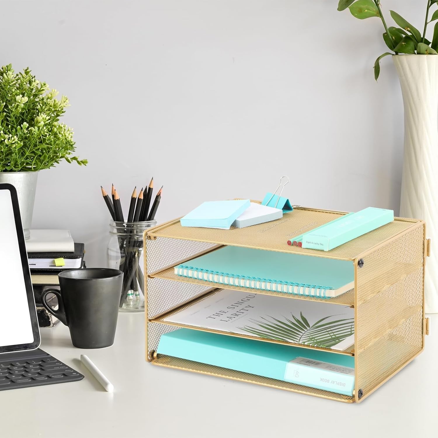 Elegant Gold 3 Tier Mesh Desk Organizer for Effortless Document Management
