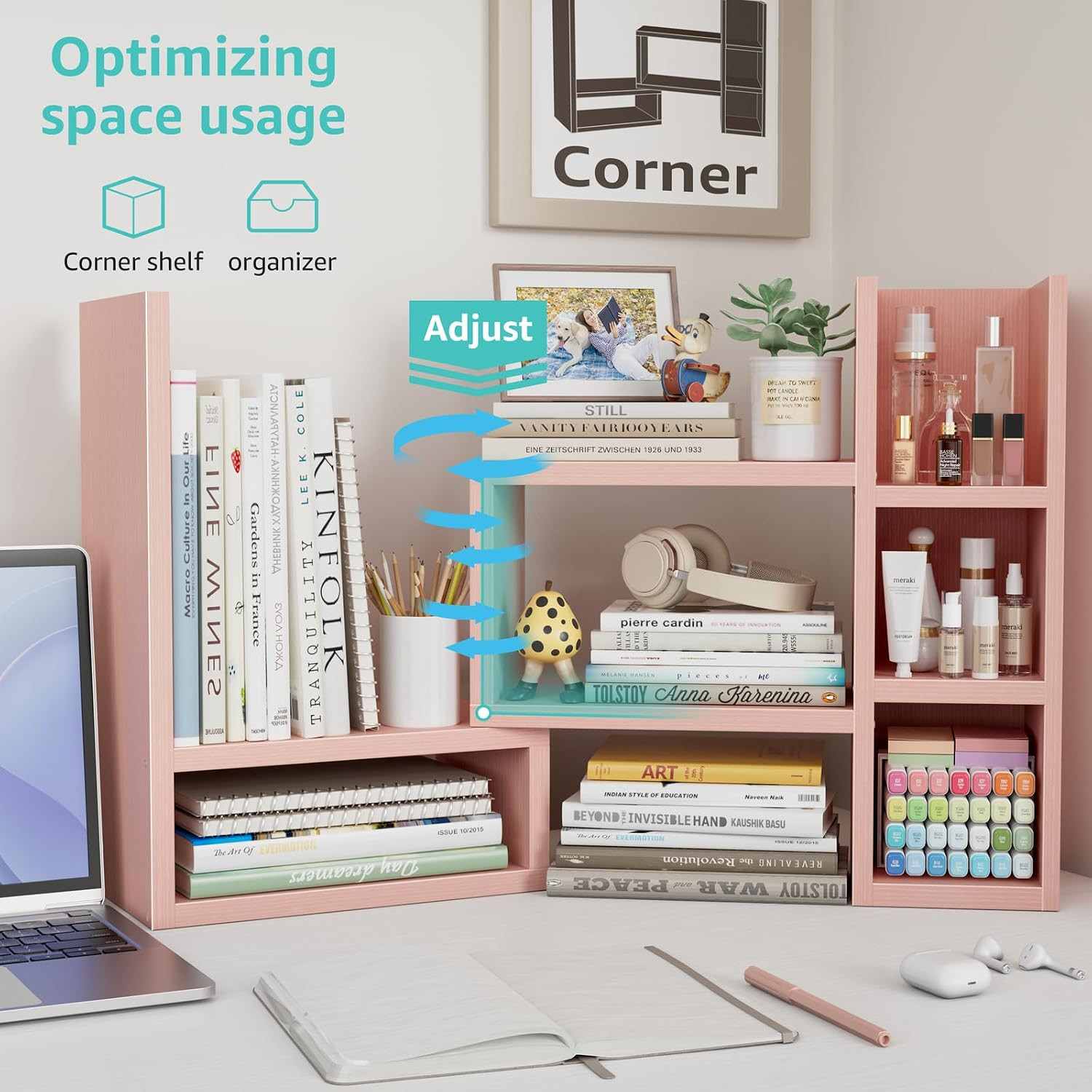 Desk Shelves Desktop Organizer Shlef – Pink Office Organization for Top of Desk