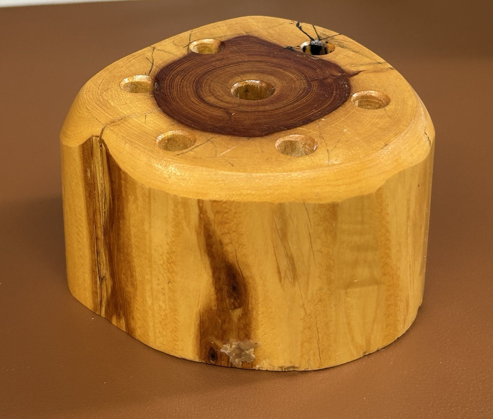 3.5” Handmade Rustic Wood Log Pencil Holder w/ 7 Holes for Desk Wooden