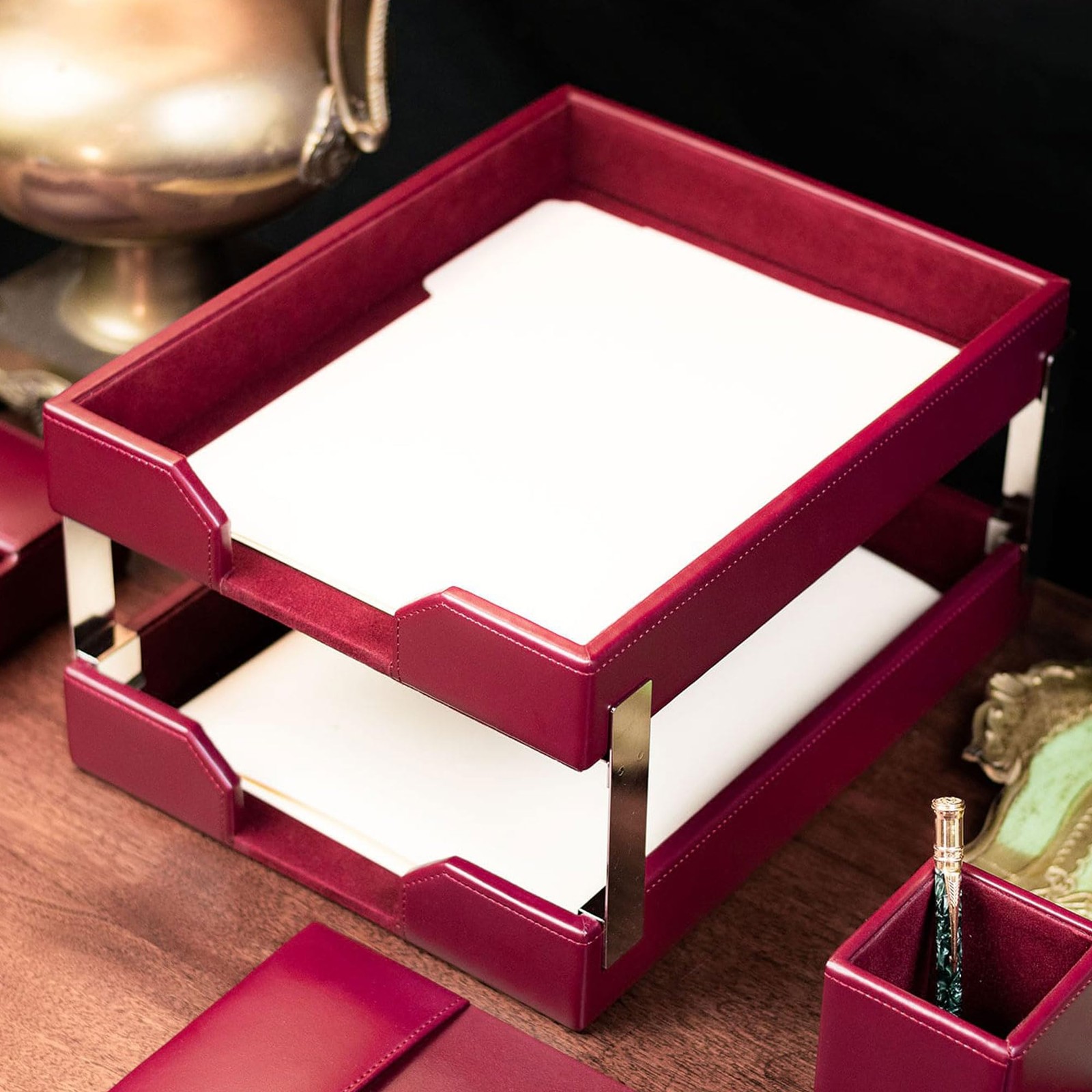 Burgundy Bonded Leather Front-Load Double Letter Tray Set w/Silver Stacking P…