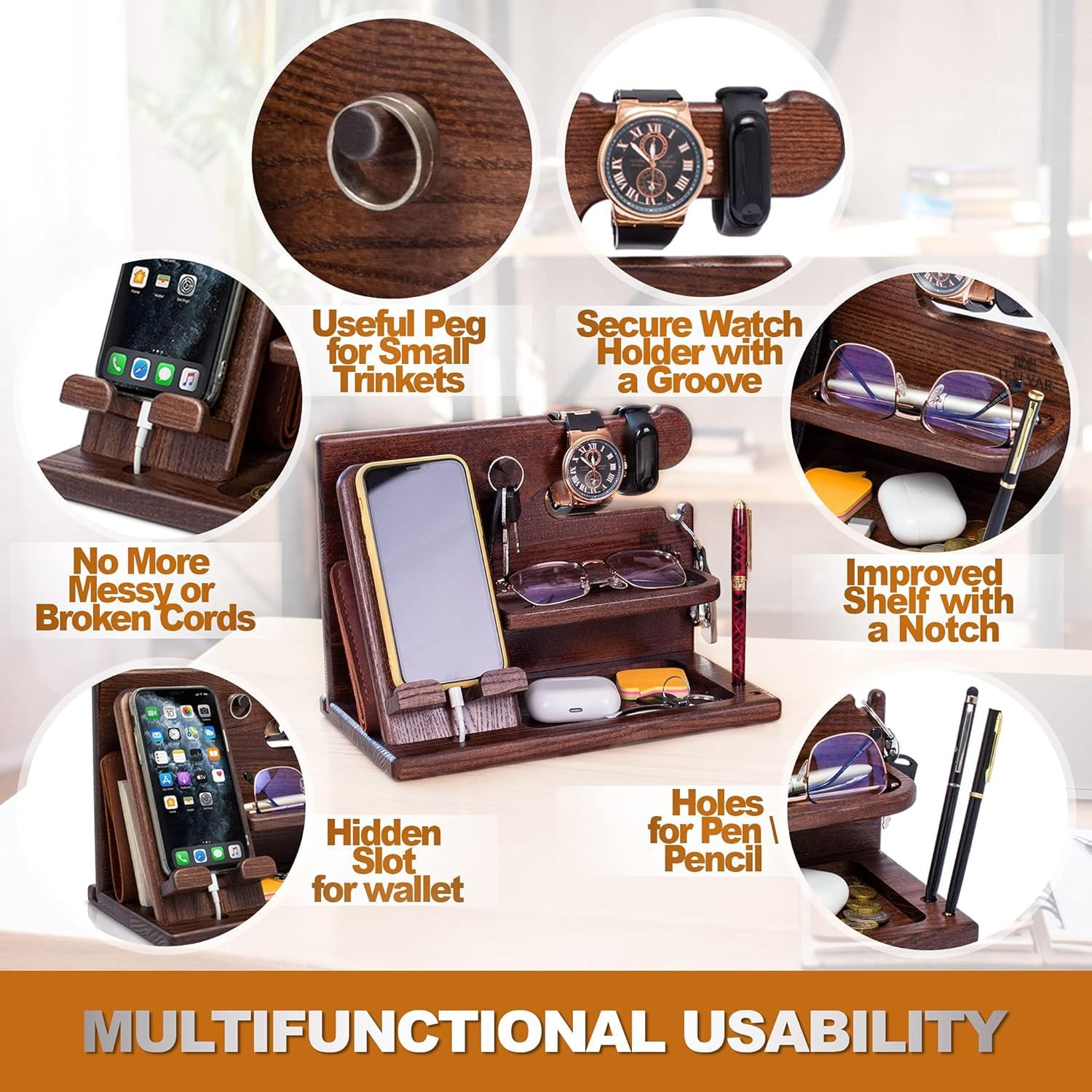TESLYAR Wood Phone Docking Station for Men – Desk or Nightstand Bourbon Brown