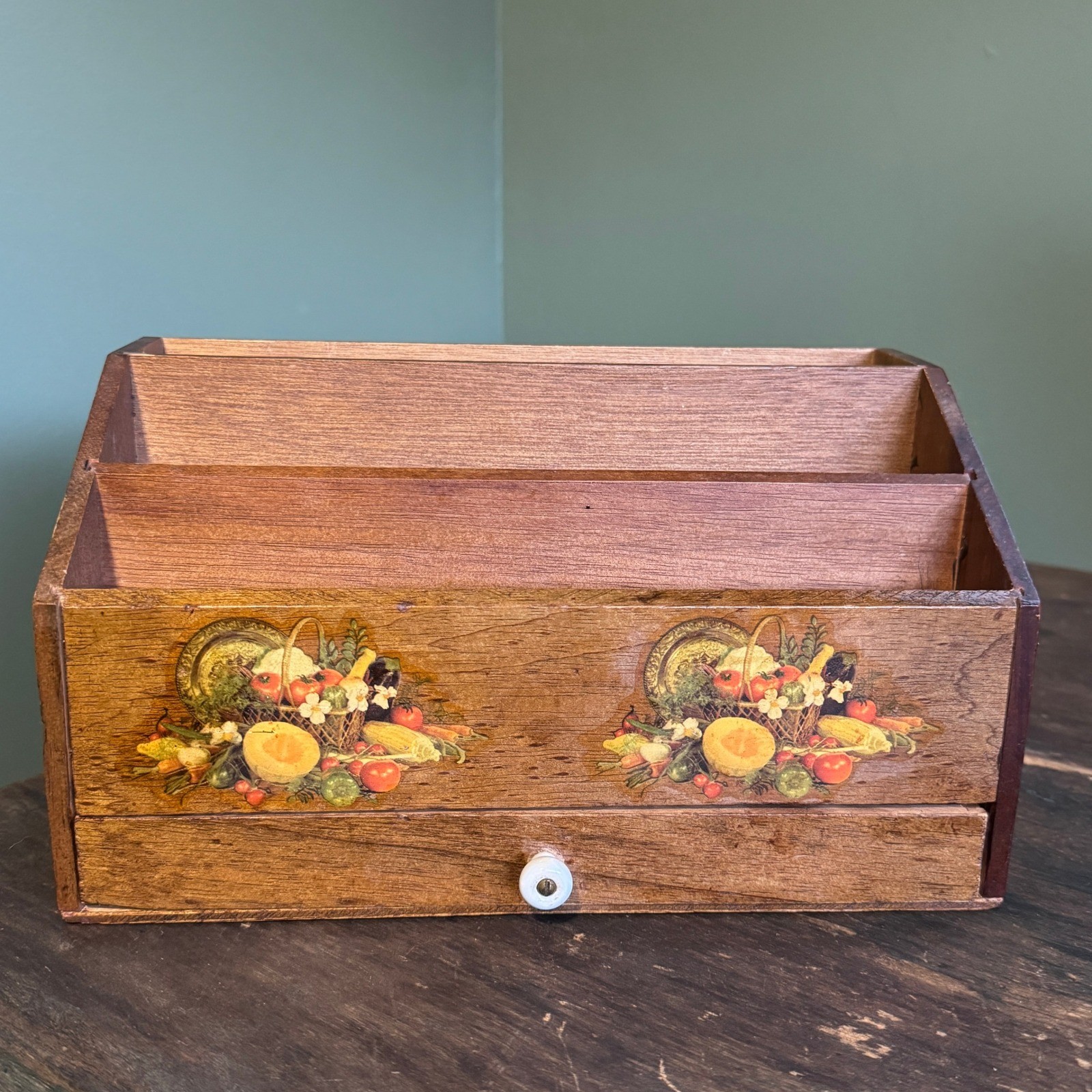 Vintage Wood Desk Kitchen Organizer Letter Sorter Harvest Decal Farmhouse Drawer