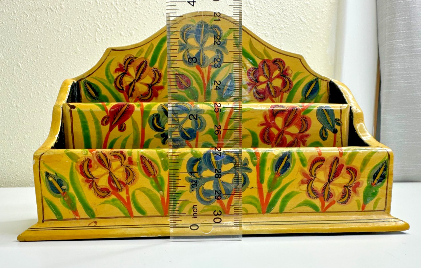 Desktop Letter Holder Yellow Painted Floral Organizer Paper Mache