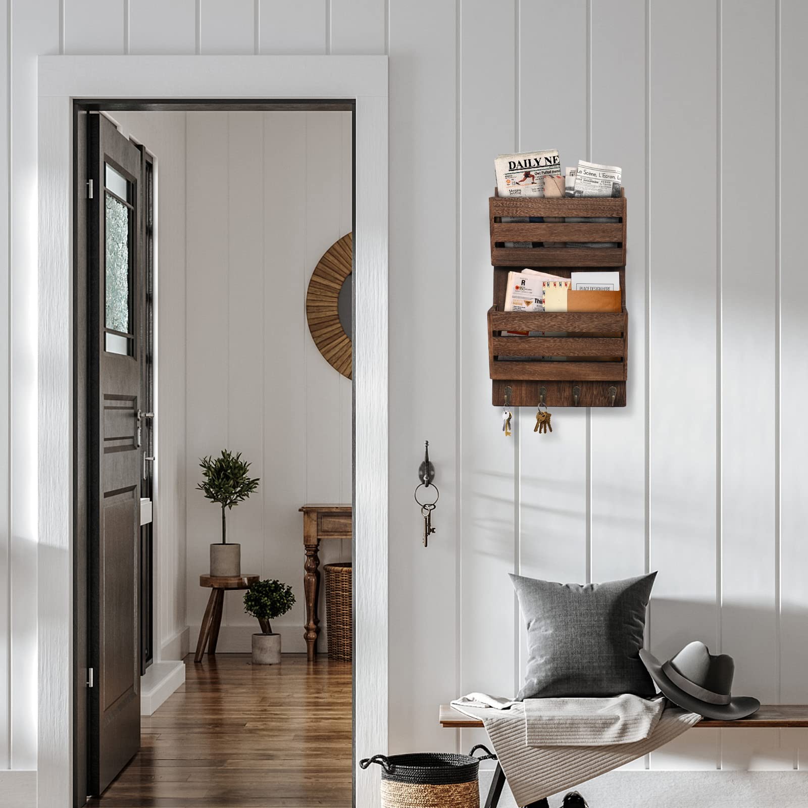 Organizer Wall Mount with 4 Key Hooks, Rustic Wooden Hanging Sorter Farmhouse…