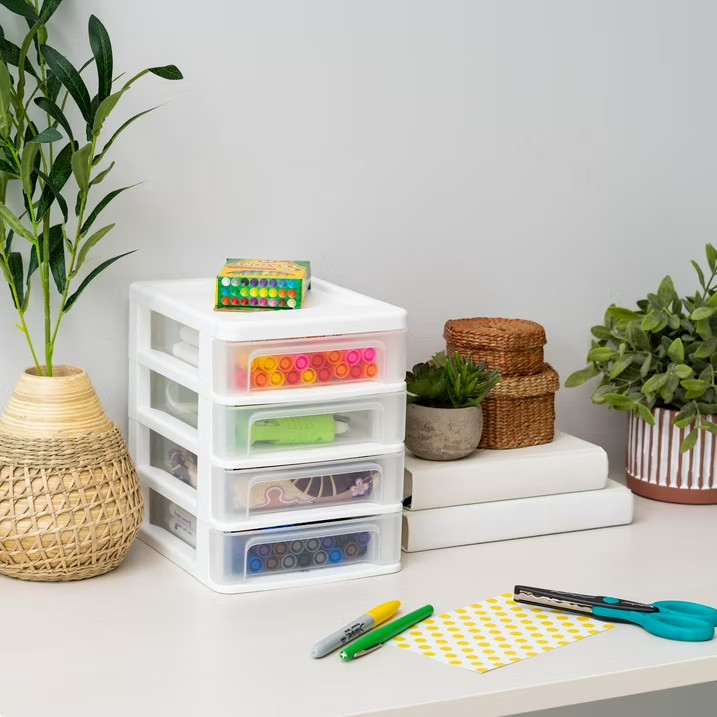 IRIS Small 4-Drawer Compact Desktop Organizer, Stacking Desktop Unit, White-Clea