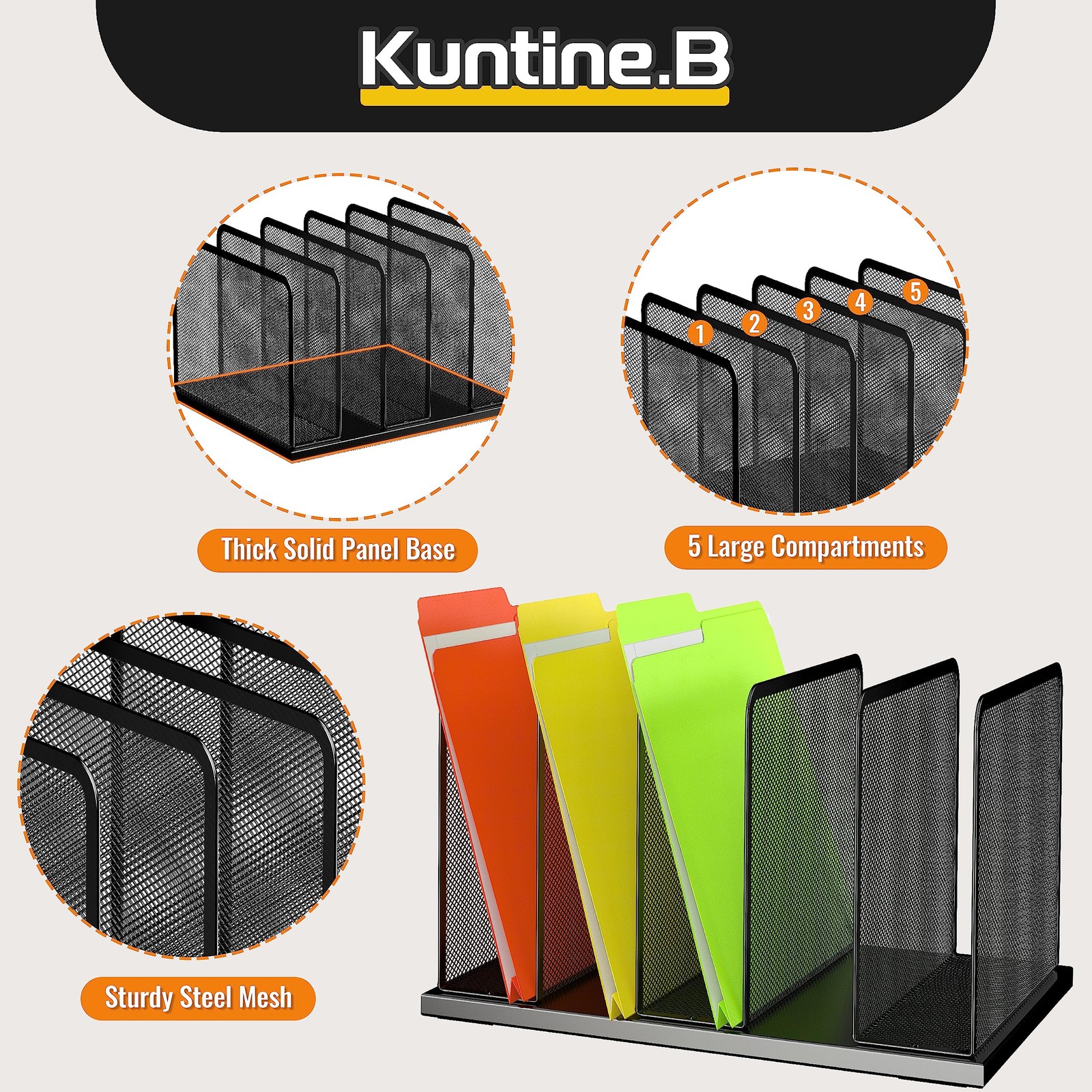 Kuntine.B Desk File Organizer Upright Mesh Desktop 1 Pack 5-Section, Black
