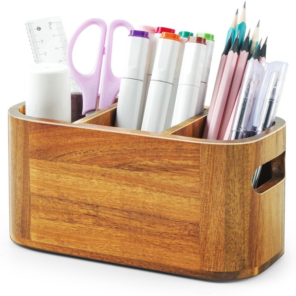 Acacia Pencil Pen Holder for Desk, Wooden Office Organizer with 3 Slots for