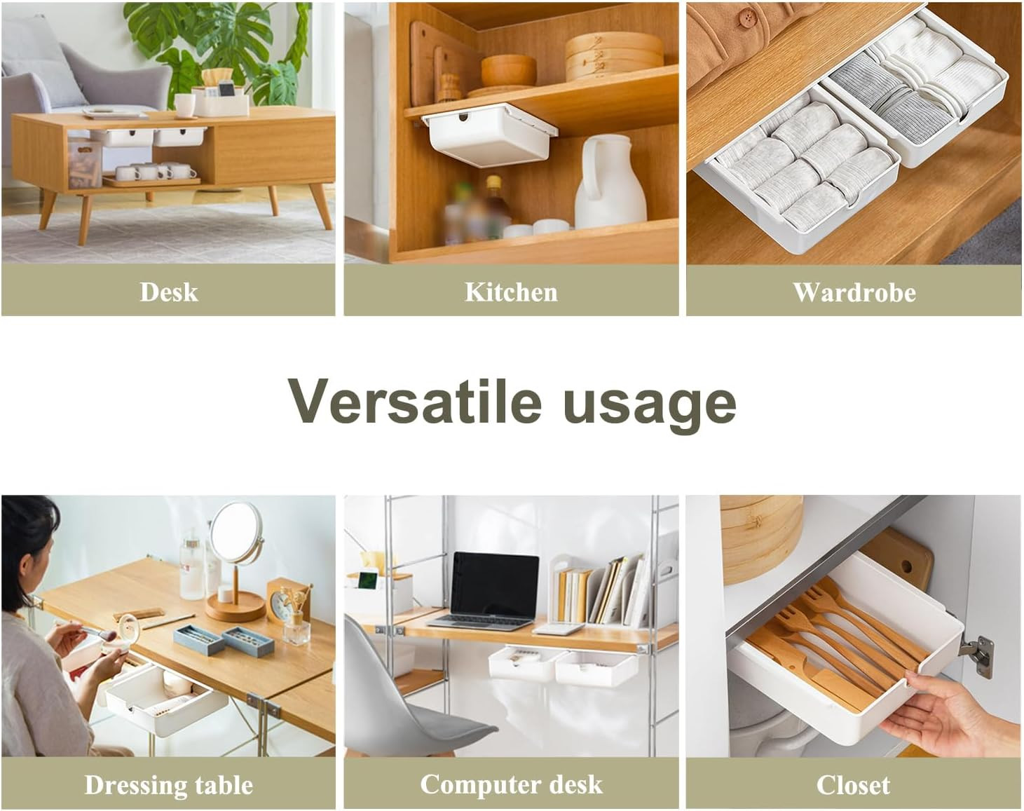 2 Pack Self-Adhesive Under Desk Drawer Organizer for Home Office Storage