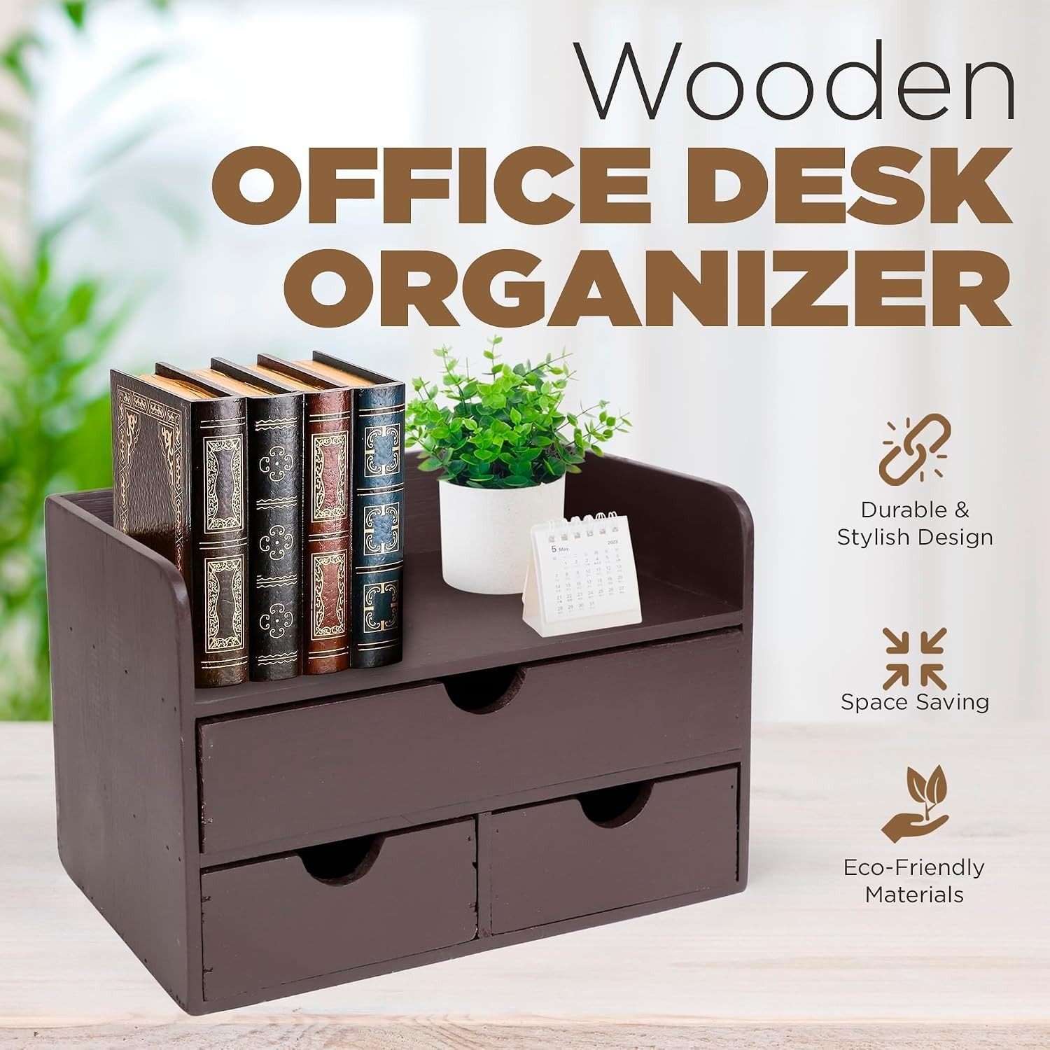 Elegant Vintage Wooden Desk Organizer – 3 Drawers & Top Shelf – Dark Brown