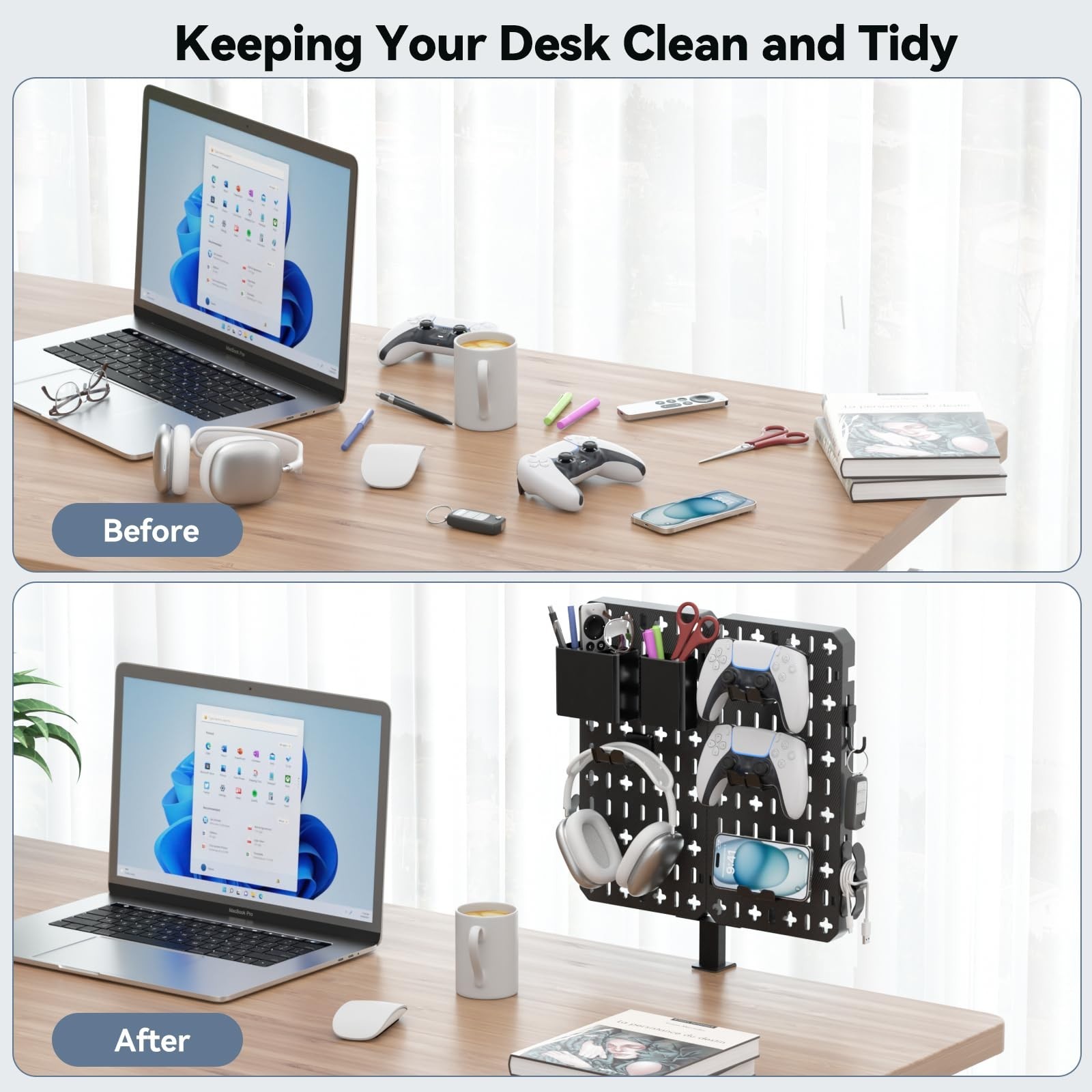 7-in-1 Clamp-On Desk Organizer – No Drill Pegboard with Phone Stand, Pen Holder,