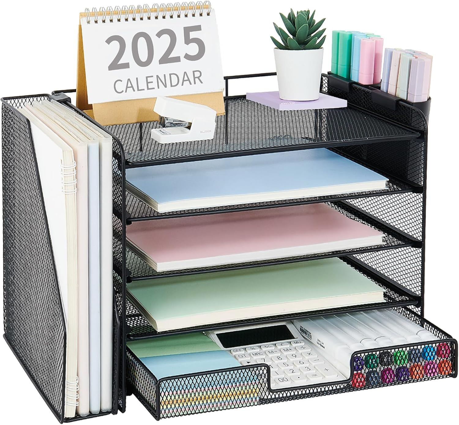 Desk Organizer, 5-Tier Paper File Organizer with Drawer & Pen Holder, Office Des