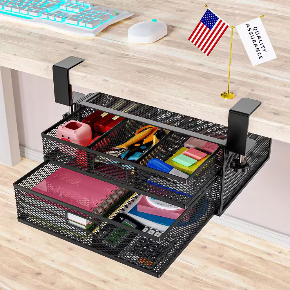Black 15.7 In. X 6.3 In. Metal under Desk Storage Organizer with 2 Sliding Drawe