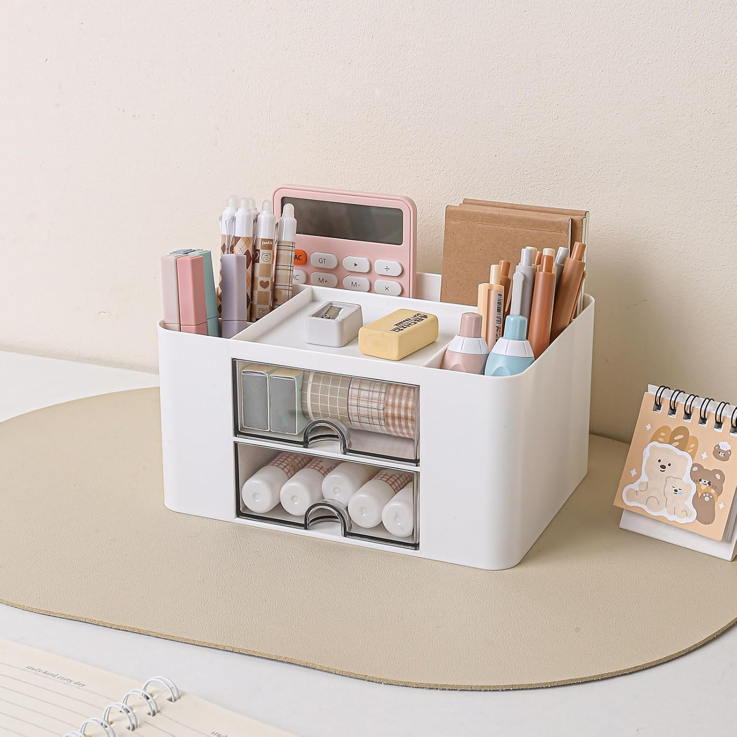 Desk Organizer with 2 Drawer, Plastic Desktop Pen Pencil Card Holder Storage Box