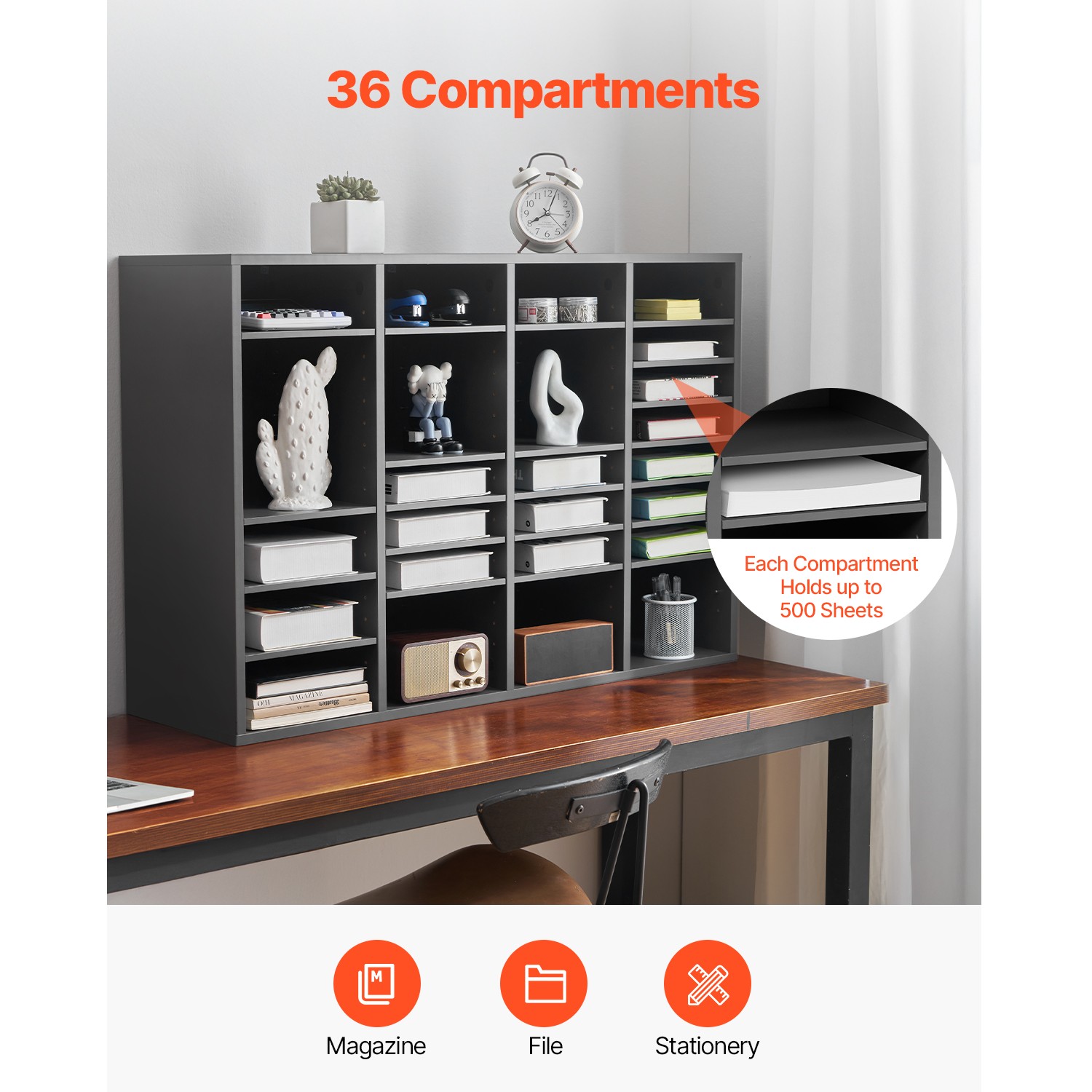 Uimoso Wooden Literature Organizer 36 Compartments with Adjustable Shelves Grey