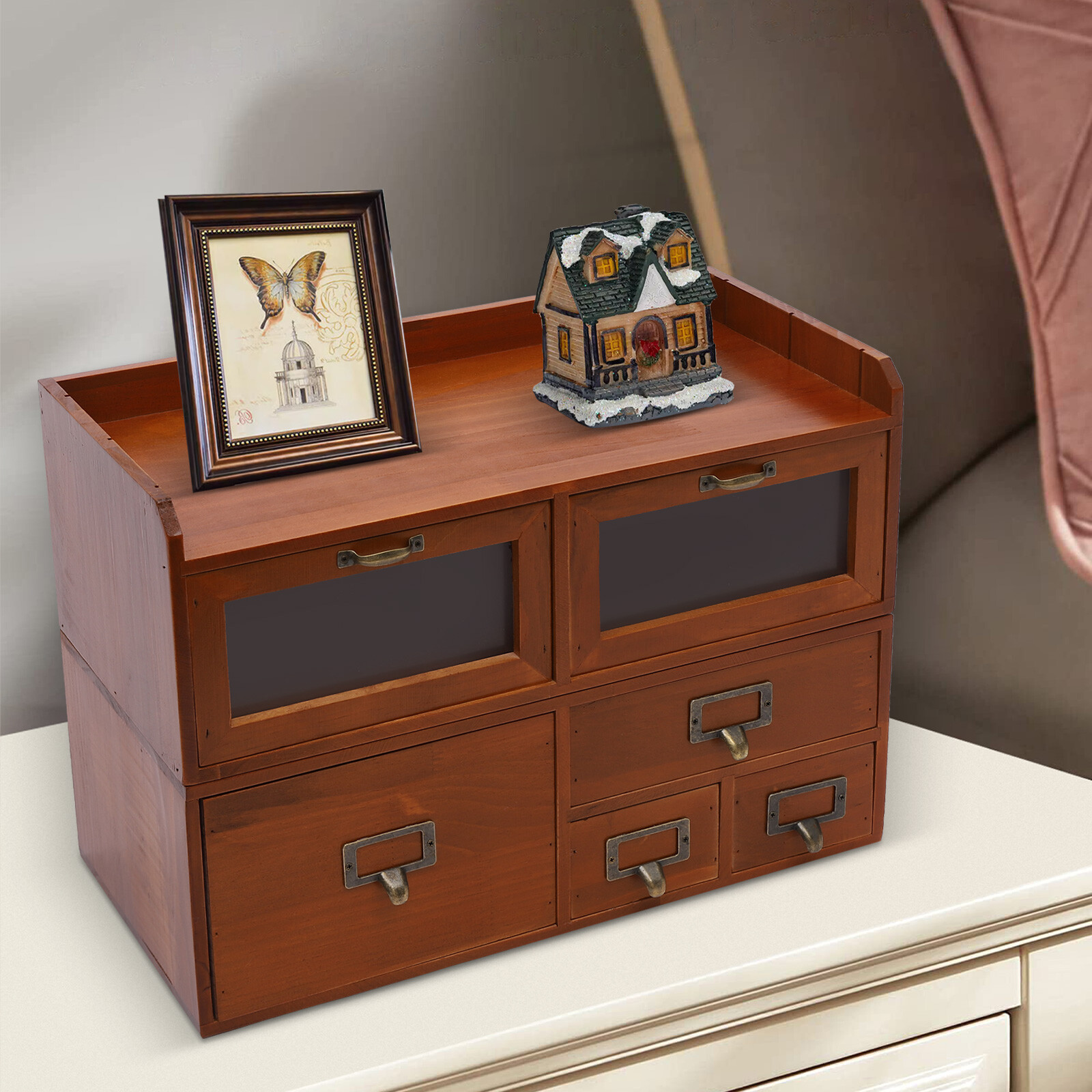 Retro Brown 6-Drawer Desktop Organizer Pine Wood Clear Acrylic Door
