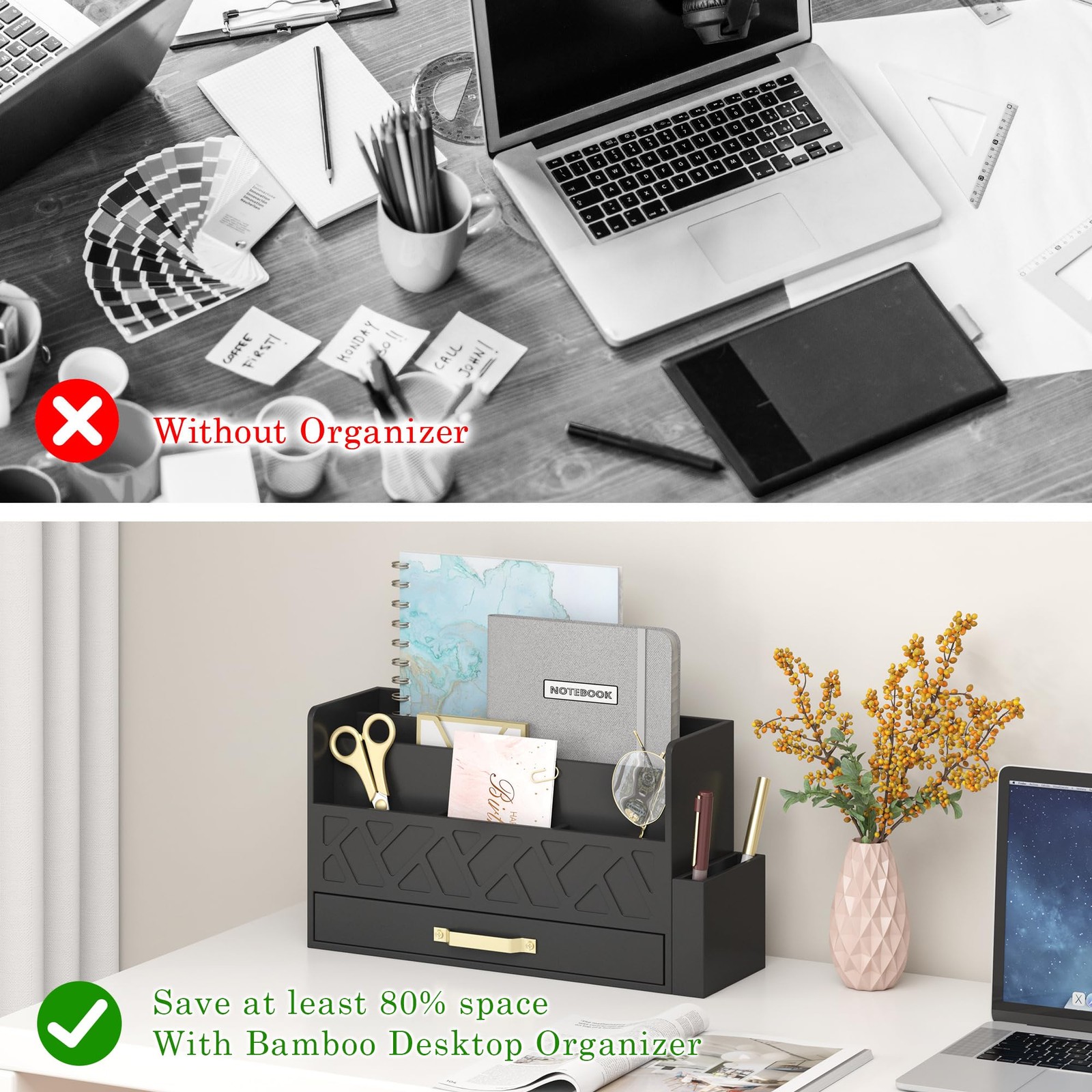 Wisuse Desk Mail Organizer with Drawer – Bamboo Wooden File Bill Sorter Stora…