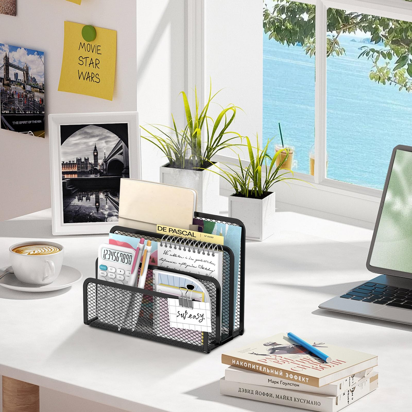 Mail Organizer for Desk, Mesh Metal Mail Holder Countertop with 3-Slot, Letter S