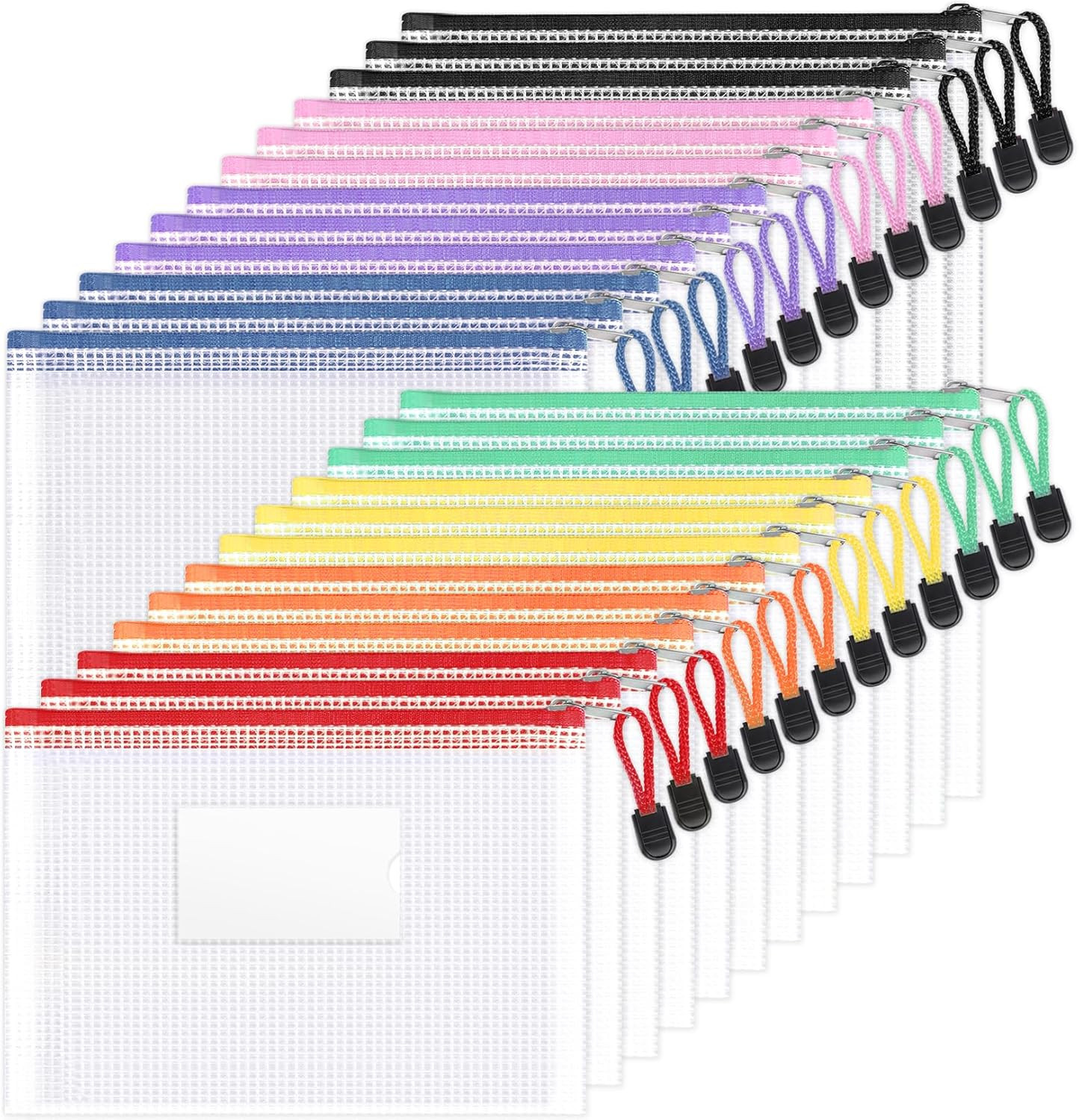 24 Pack Mesh Zipper Pouch Bags with Label Pocket, A5 Small Pencil Case