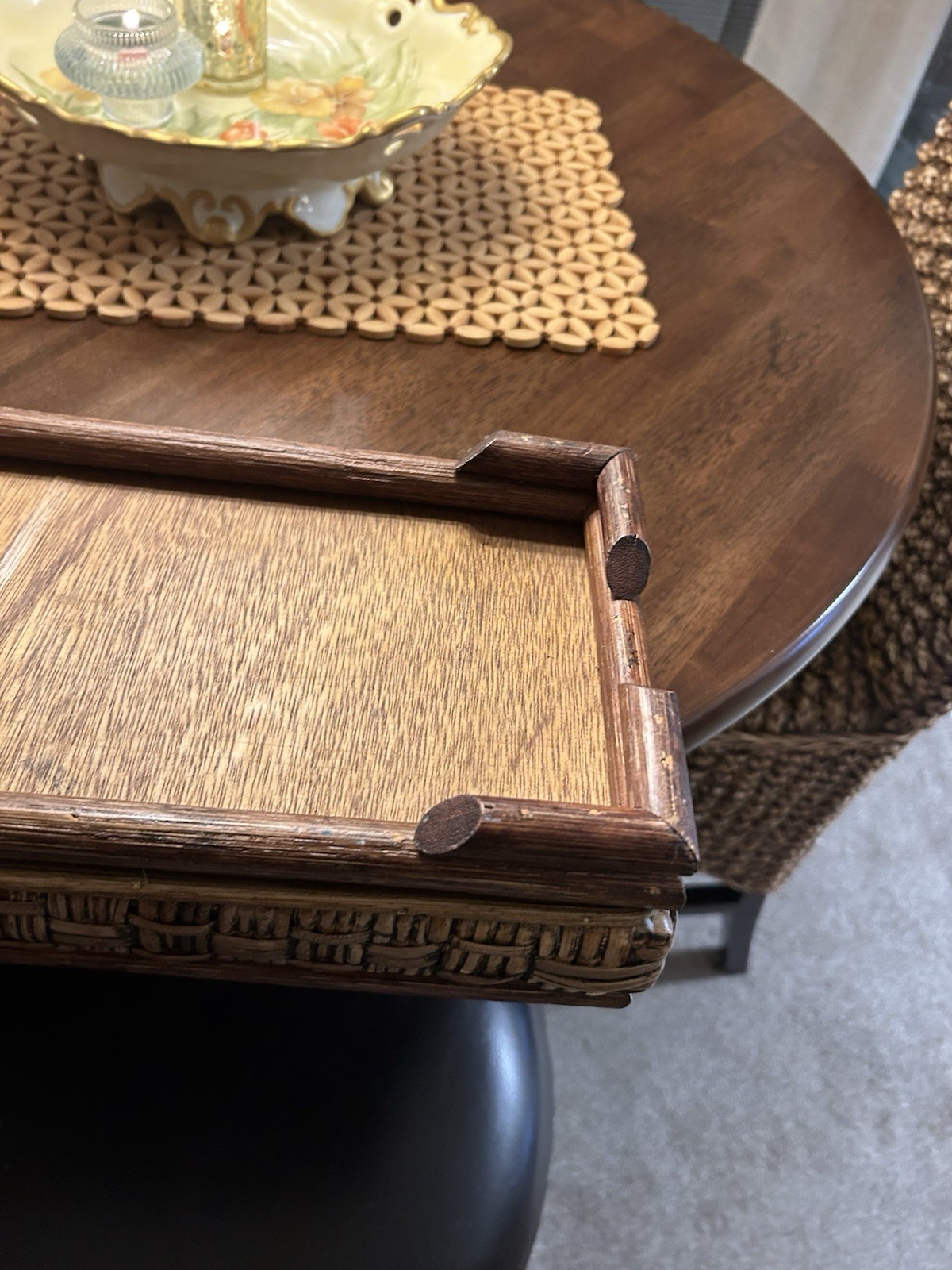 Vintage Wood & Woven Rattan Organizer Tray 4 Compartment Desk Caddy Rustic Boho