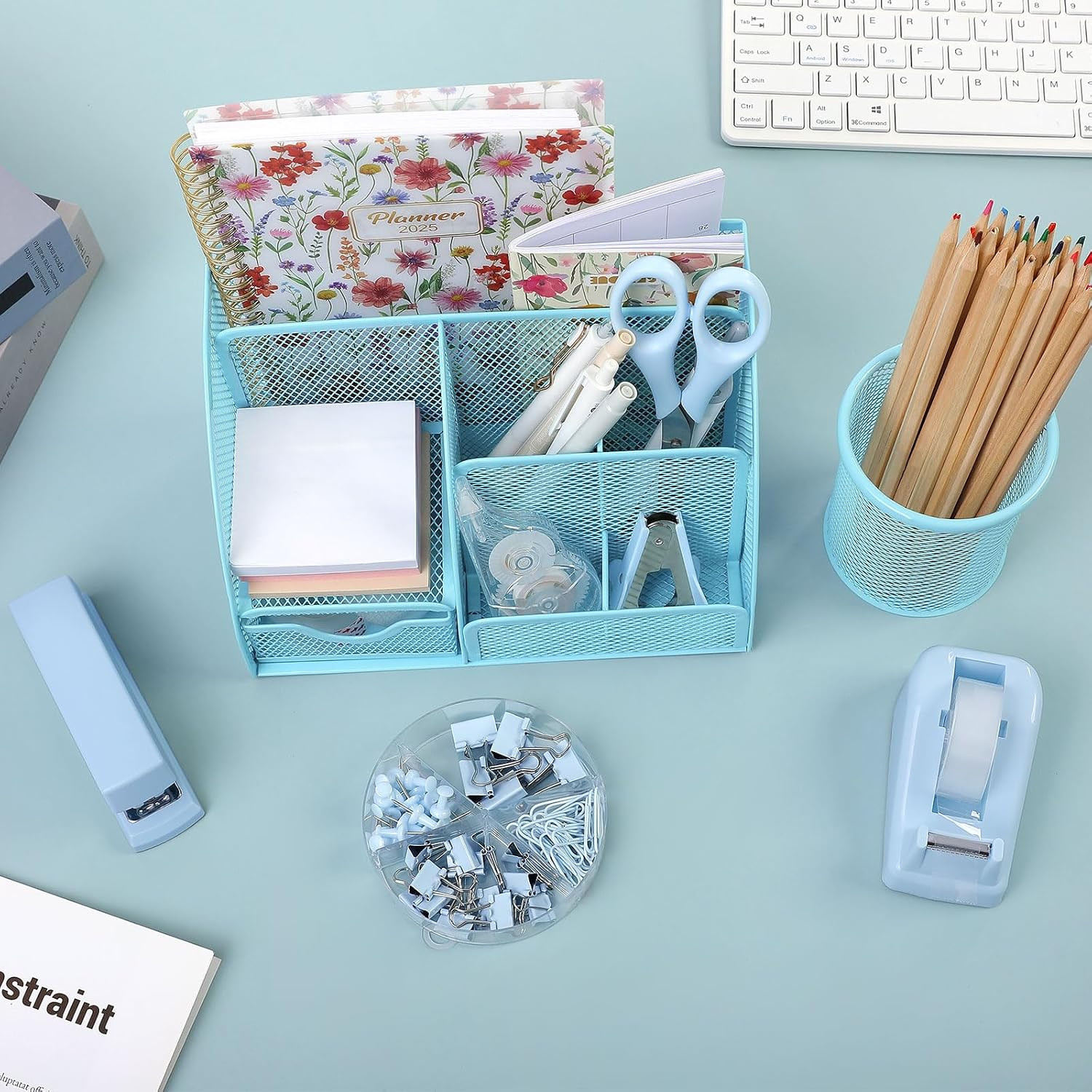 Blue Office Supplies Set, Office Desk Accessories, Mesh Desk Organizer, Stapler,