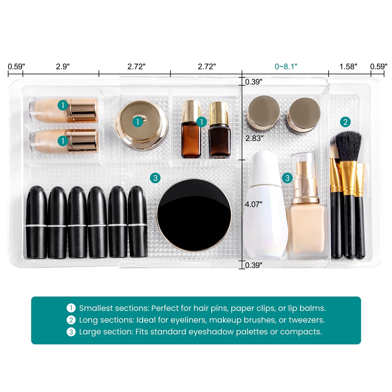 Expandable Drawer Organizer 11.1” to 19.2” Width, Shallow Cosmetic Organizer …