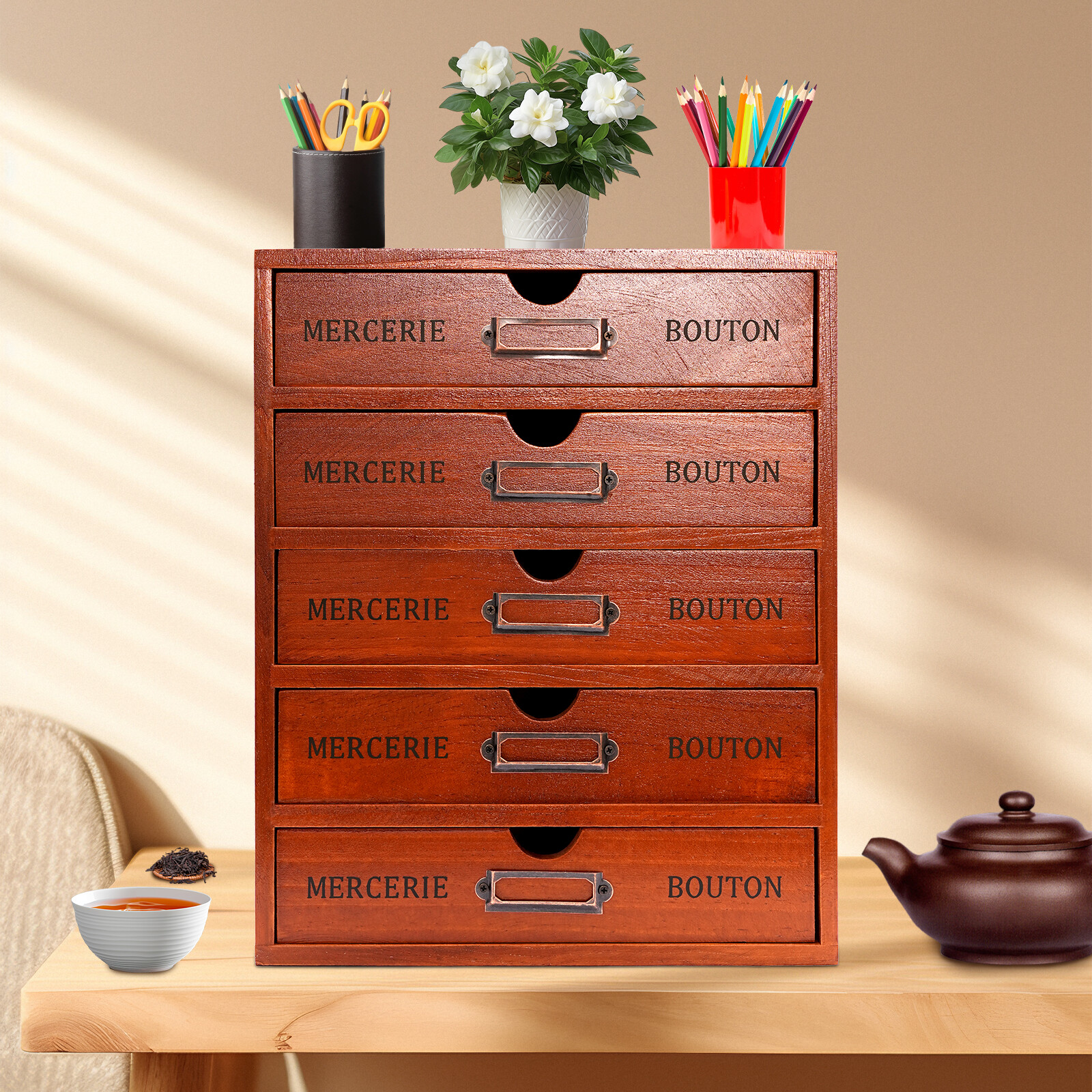 5-Drawer Brown Wooden Desk Organizer Storage Drawers Vintage Shelf Drawer