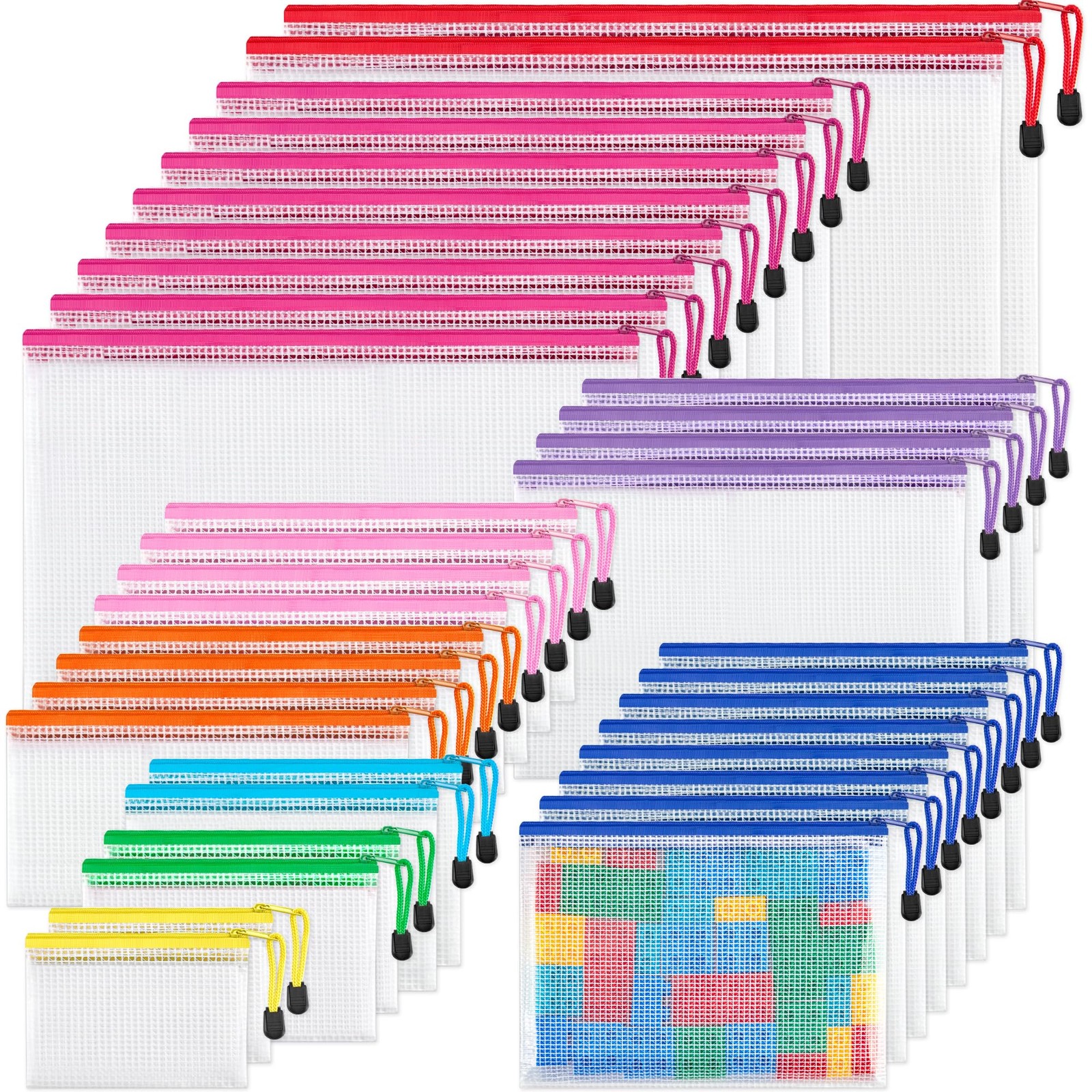 36 Pack 8 Sizes Mesh Pouch, 9 Colors, Waterproof Zipper File Bags Document Mu…