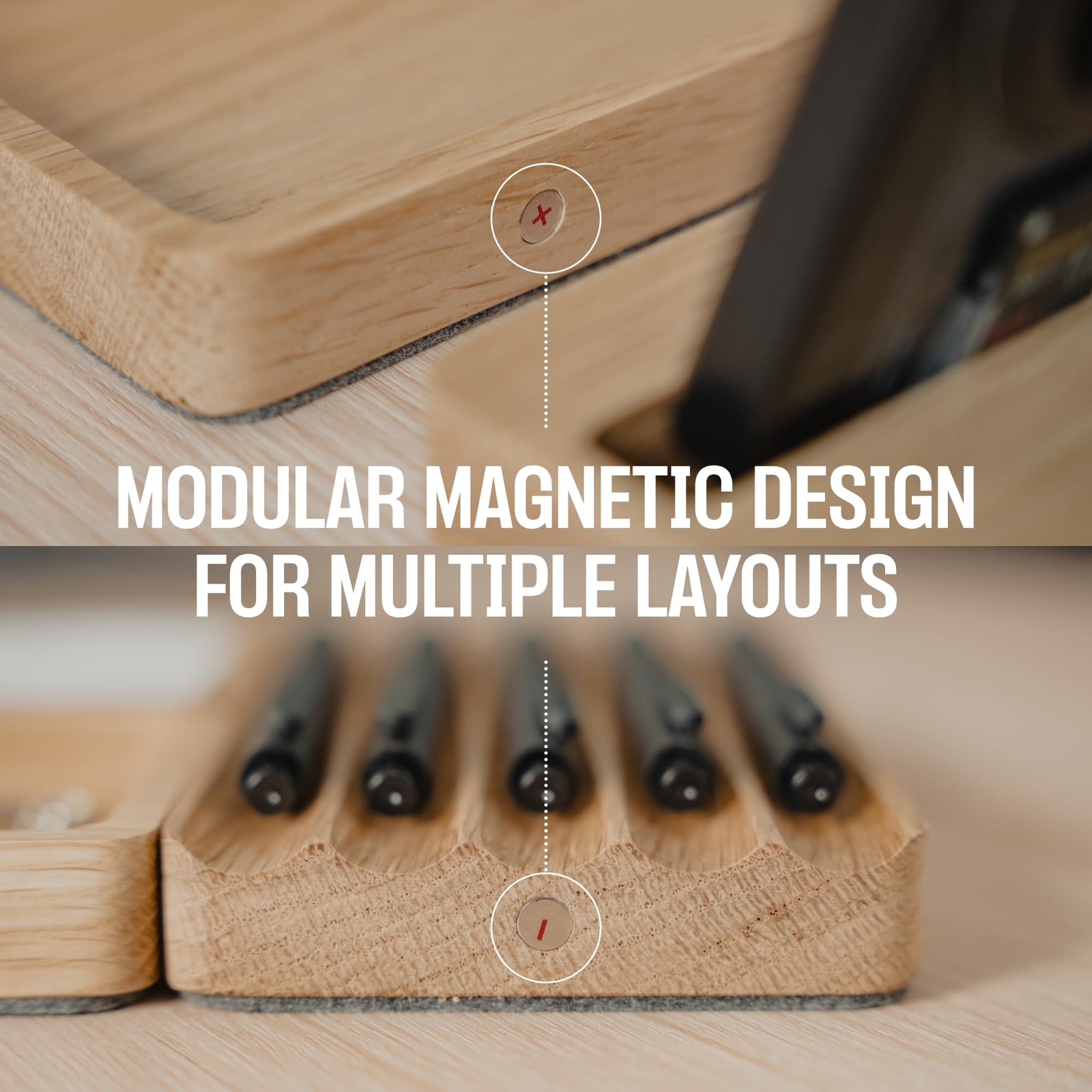 COREMINDED Modular Office Desk Organizer Tray Set – Solid Wood Oak