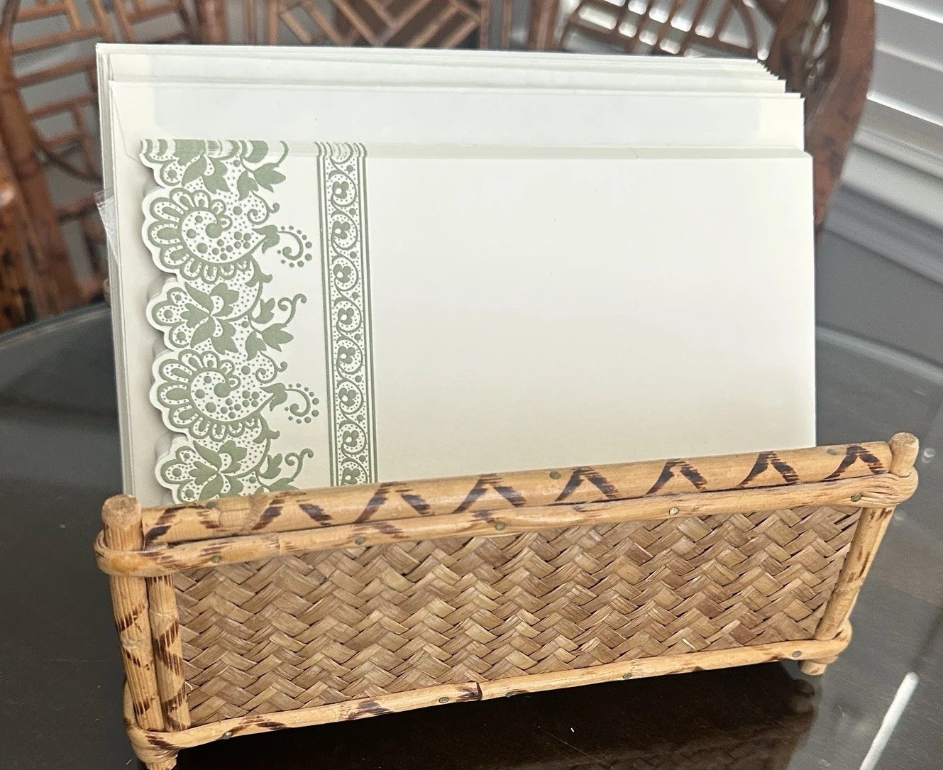 Vintage Burnt Bamboo Rattan Desk Organizer Napkin Caddy Letter Holder Hong Kong