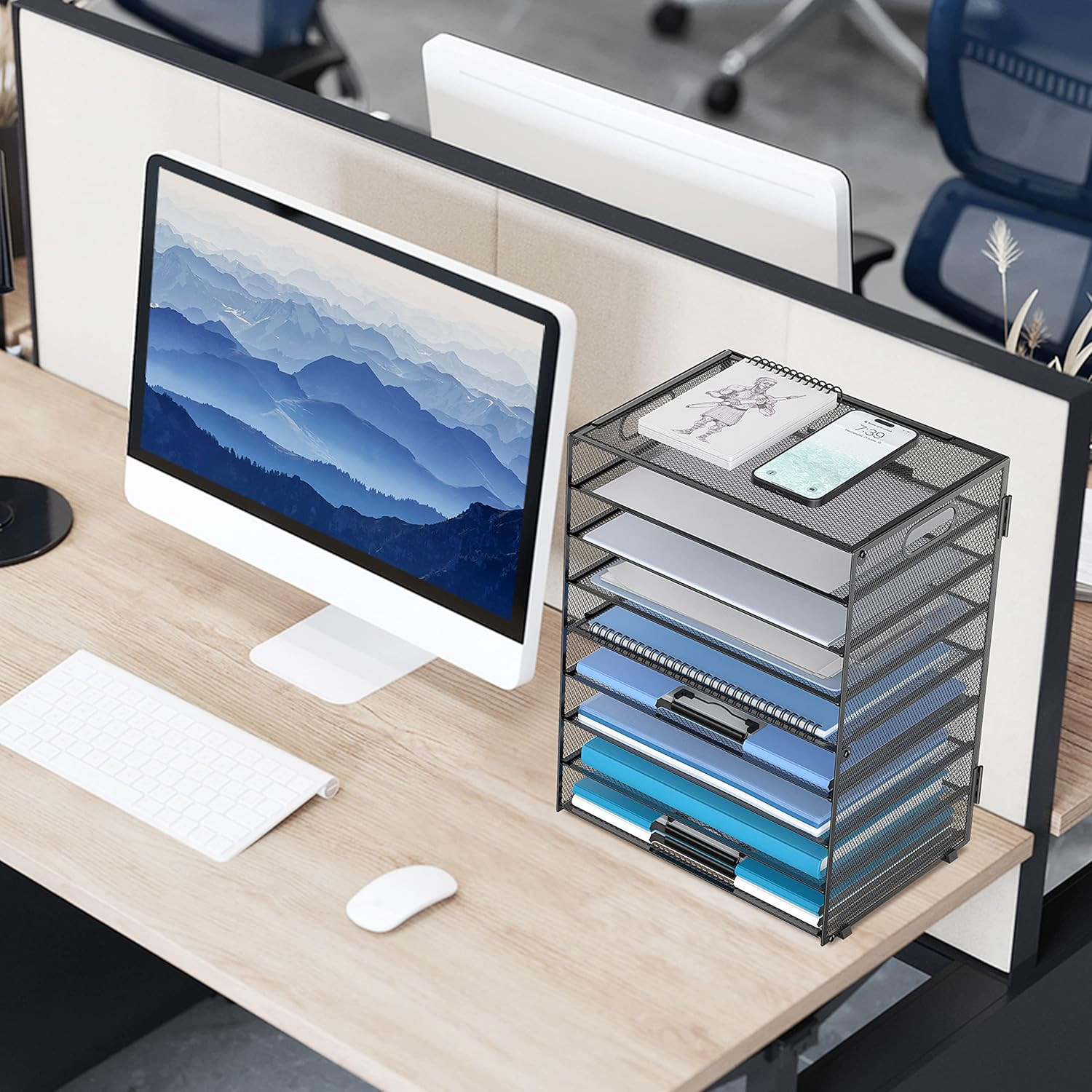 9-Tier Paper Organizer for Desk, Mesh Letter Tray Desk Organizer with Handles, S