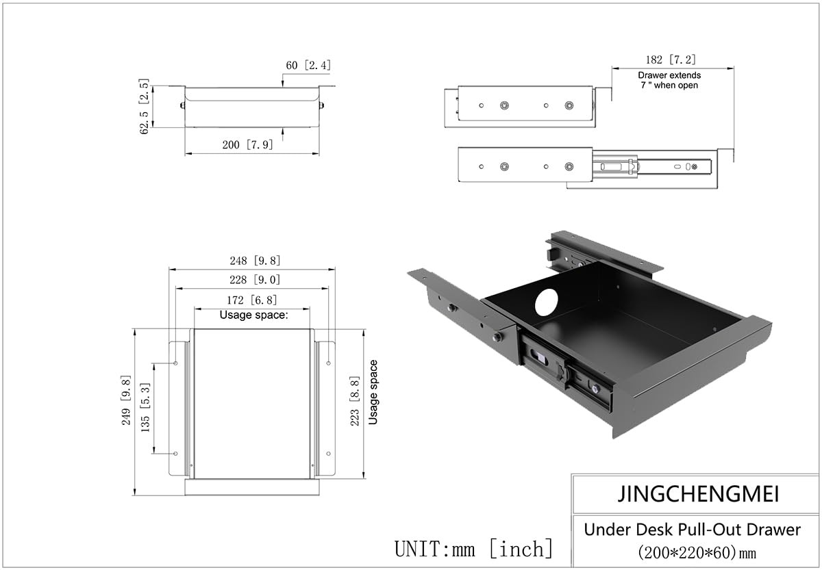 Small Under Desk Mounted Sliding Pullout Drawer Black 9.8″ x 9.8″ x 2.5″