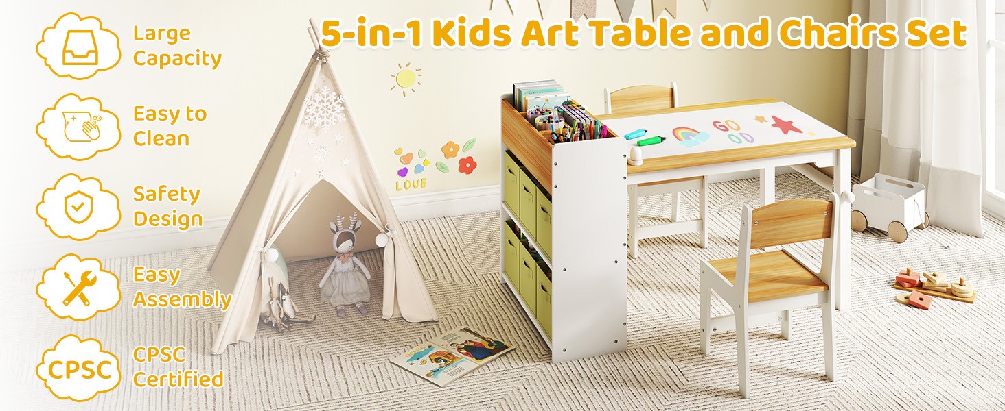 Kids Art Table and Chair Set, Craft and Play Wood Activity Table with