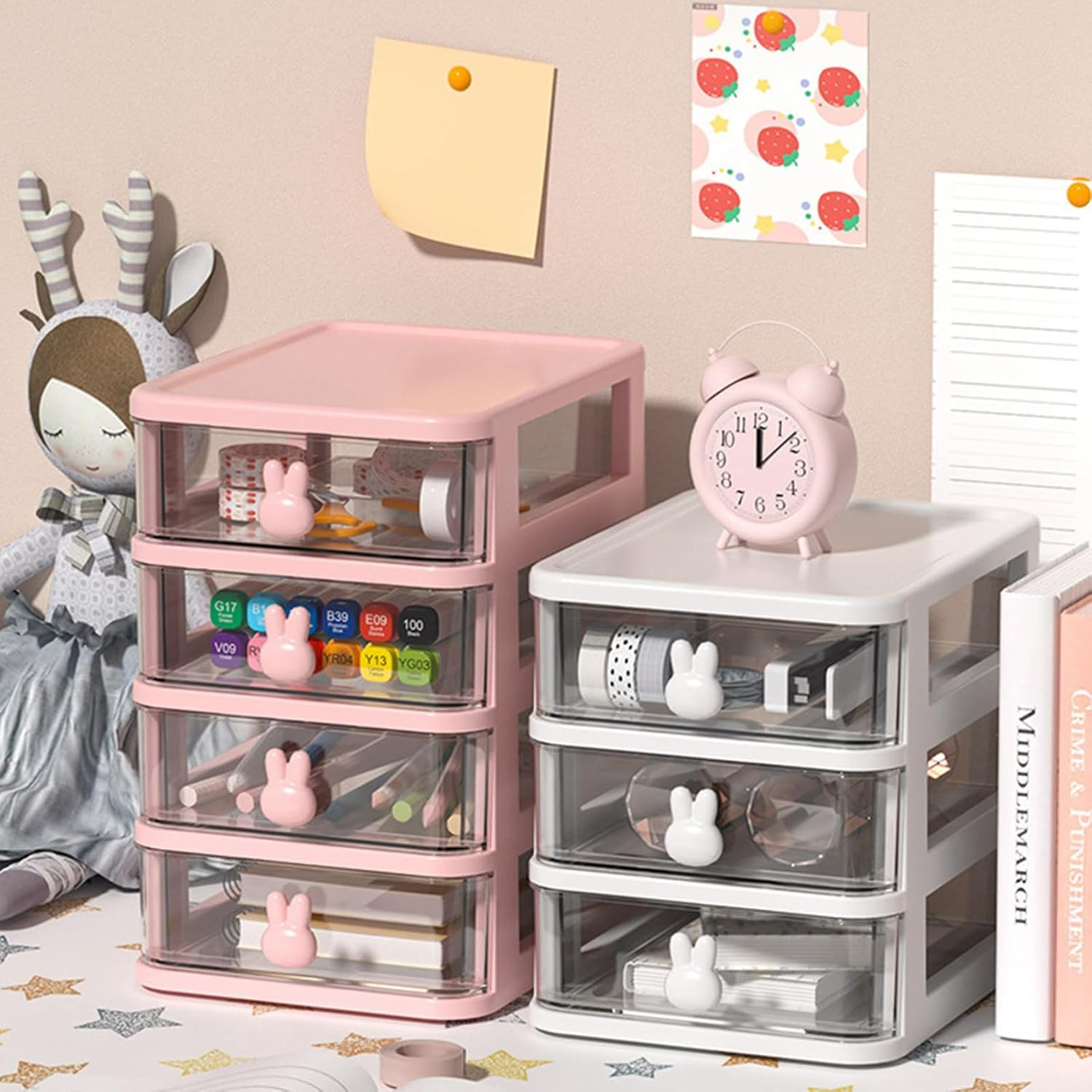 Large Capacity Transparent Plastic Desk Organizer with Bunny Handle, Multi-Tier