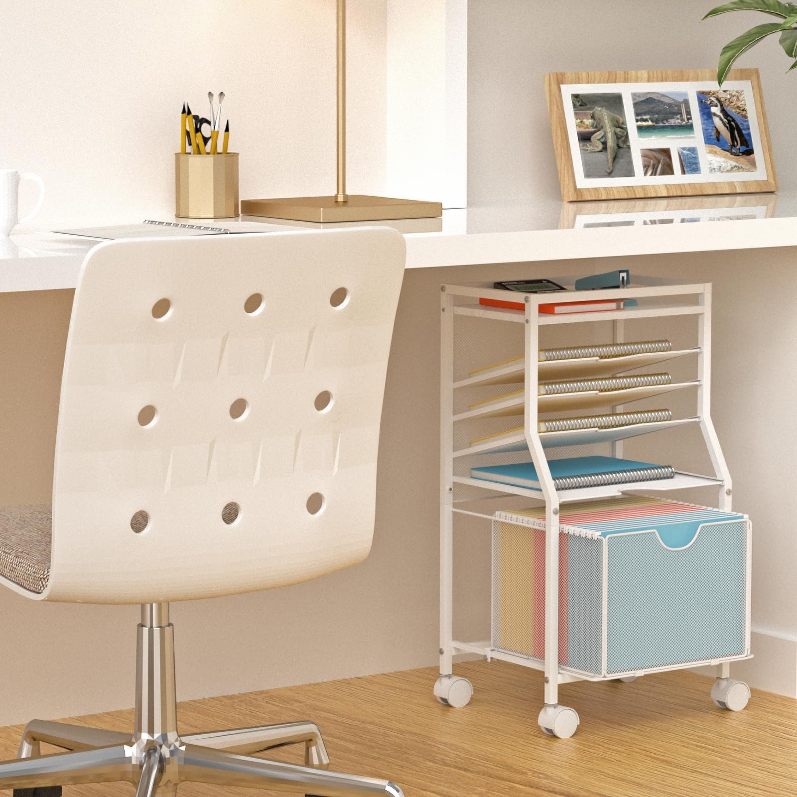 Rolling File Cart 6Tier Desk Organizer Lockable Wheels White Wood Planks