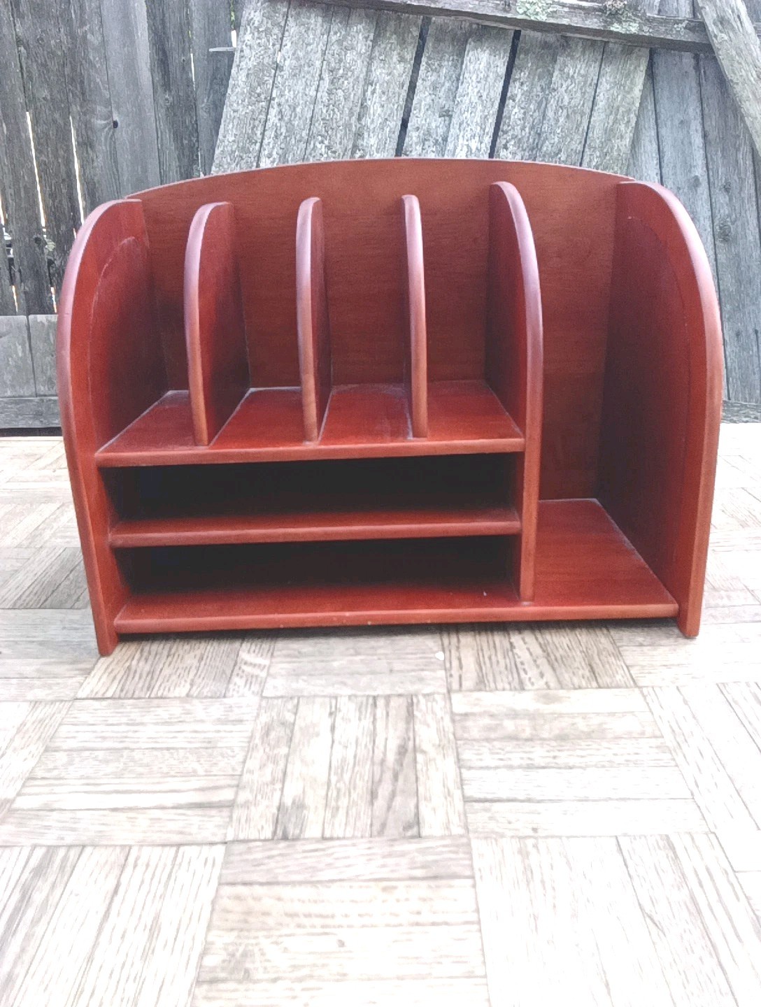 Vintage REAL Wood Leatherette Rattan Desktop Document & Mail Organizer RARE VNC
