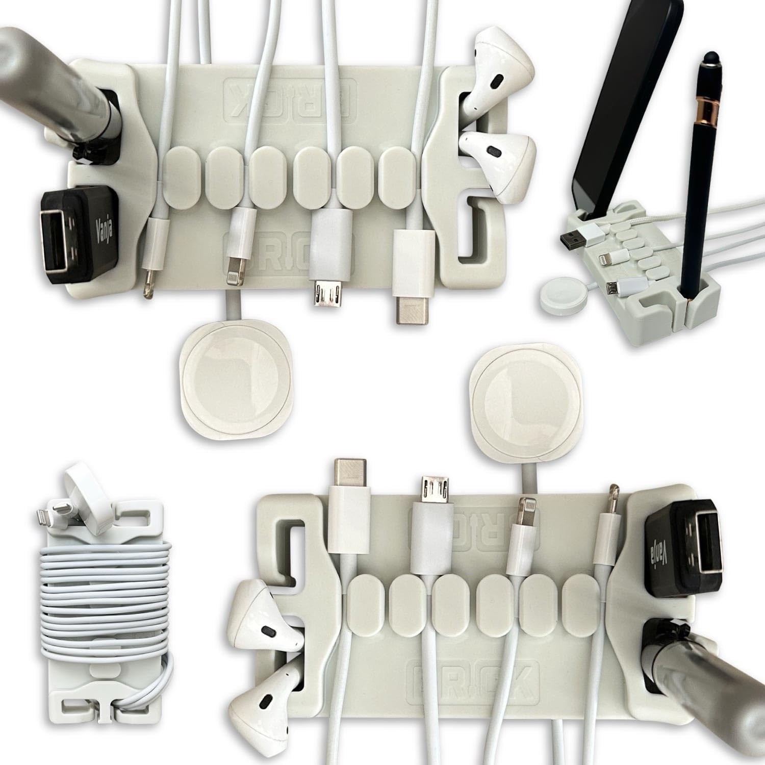 DeskBrick 2PK Non-Slip Steel-Weighted Cord & Desk Organizers, Light Gray