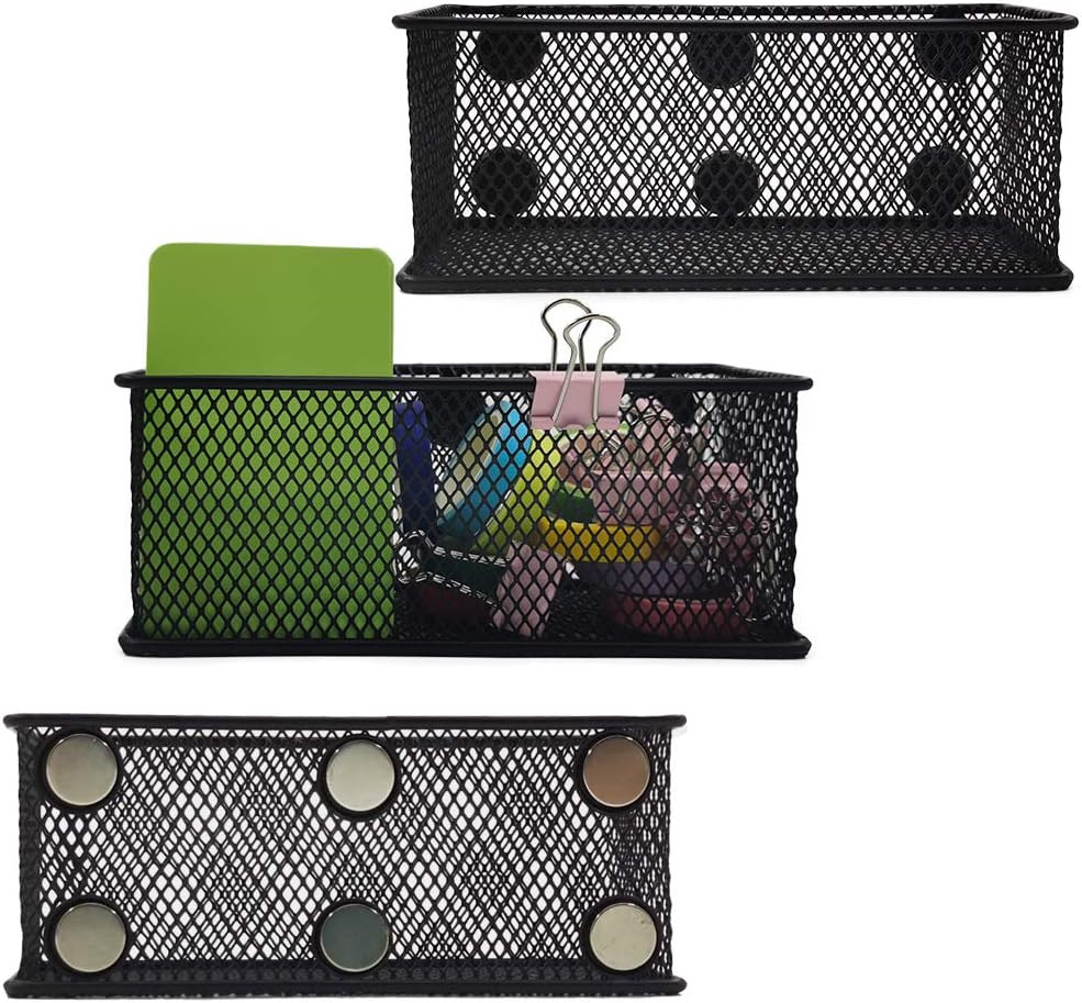 Magnetic Pencil Holder Set of 3 – Black Wire Mesh Storage Baskets Organizer with