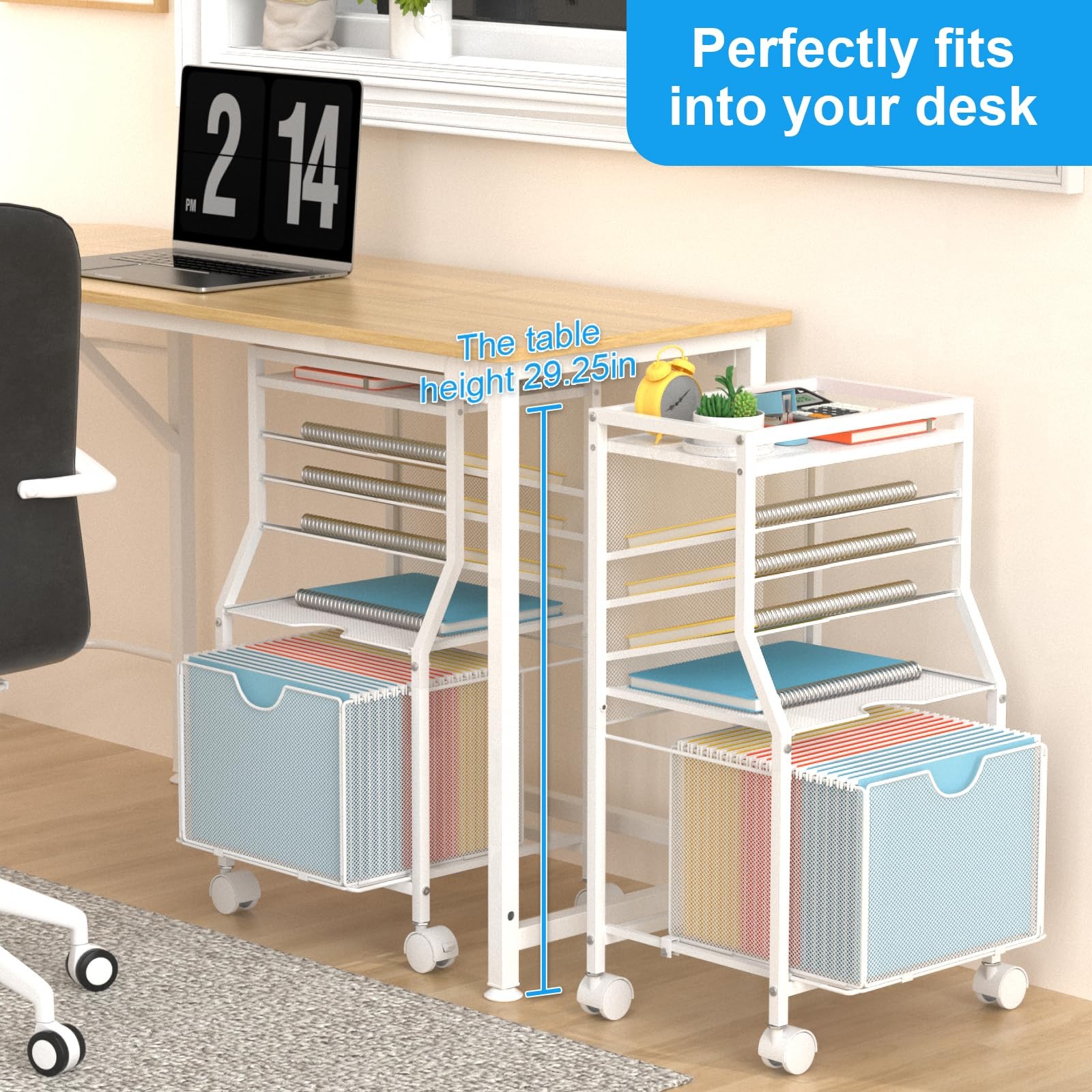 Rolling File Cart 6Tier Desk Organizer Lockable Wheels White Wood Planks